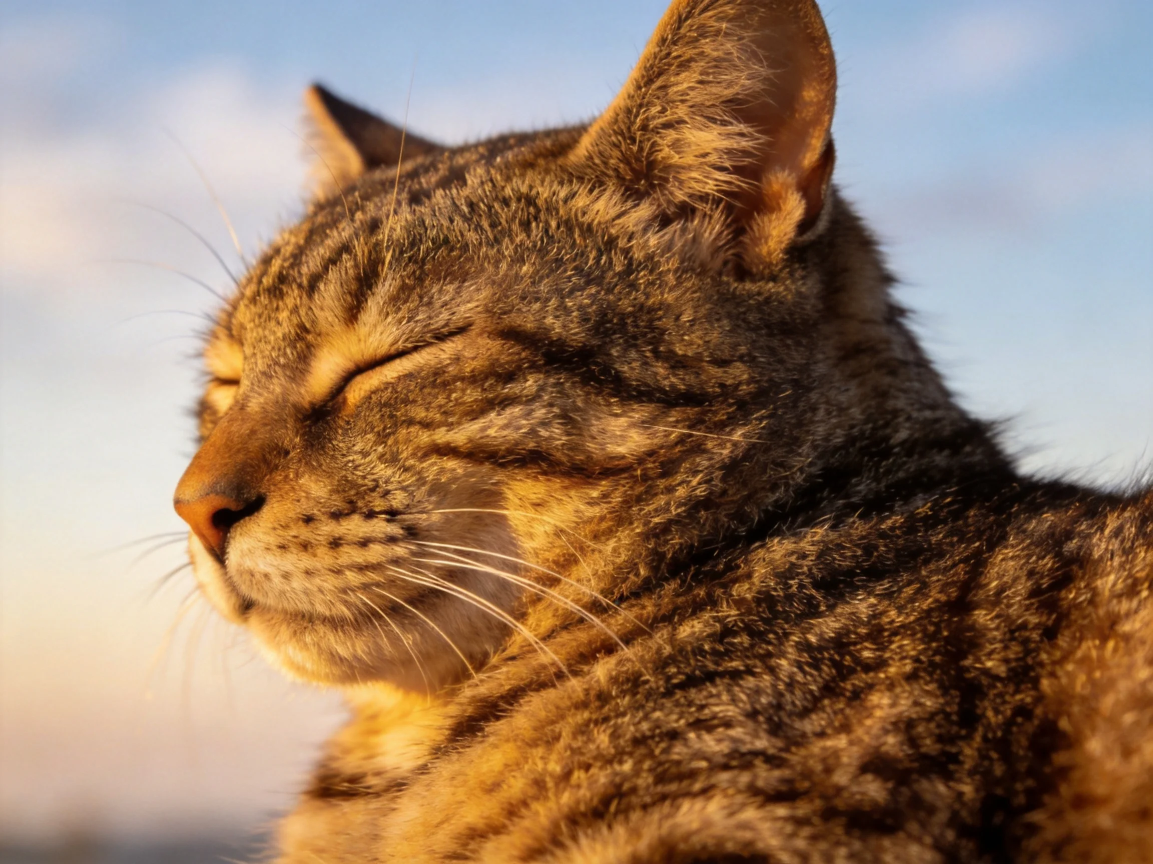 A relaxed tabby cat basking in golden sunlight with closed eyes