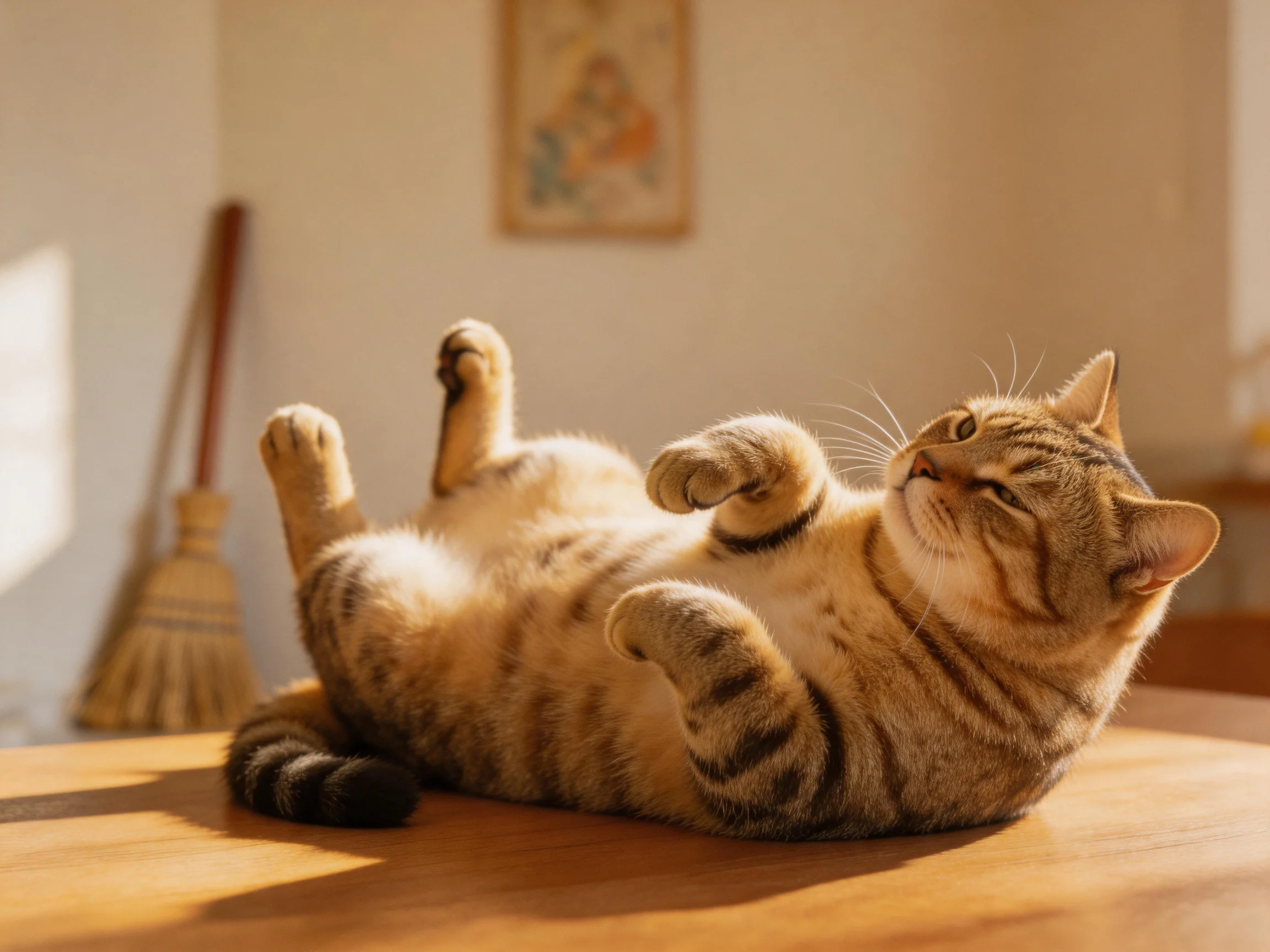 A relaxed tabby cat lies on a wooden table in warm sunlight
