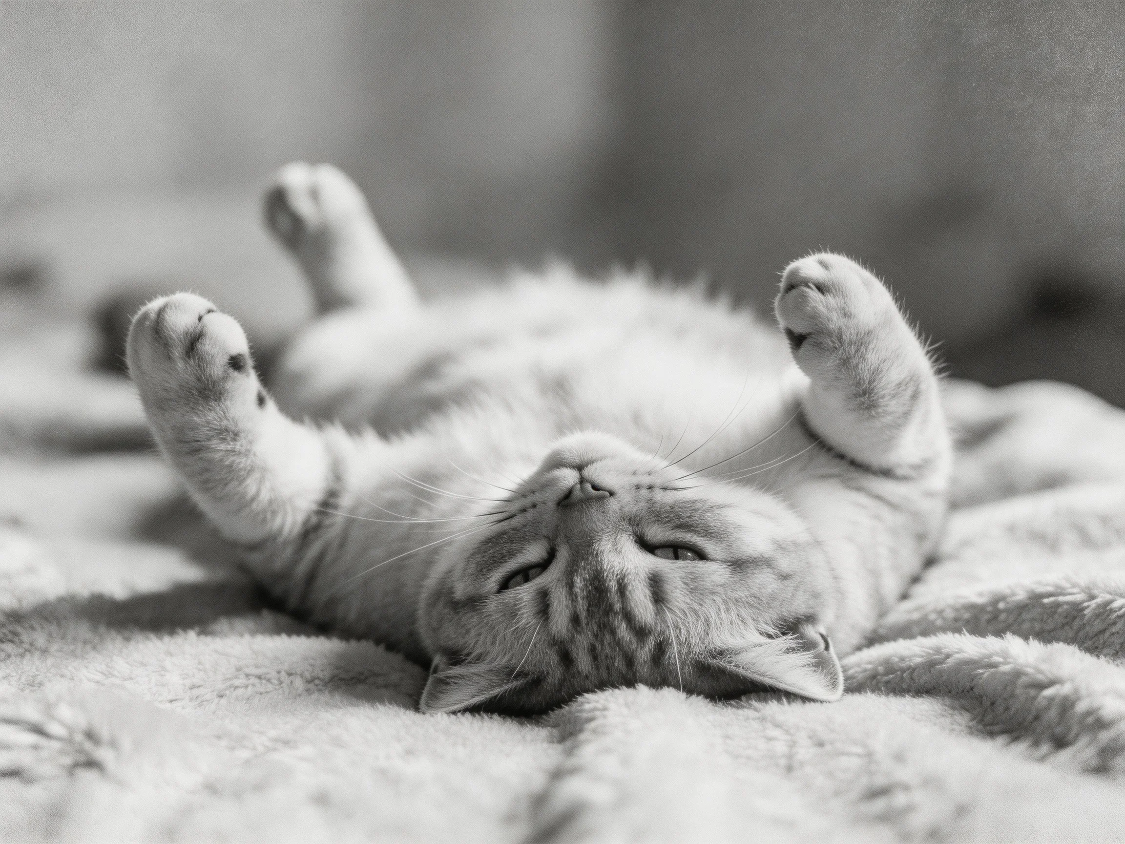 A relaxed tabby cat lies upside down on a soft blanket