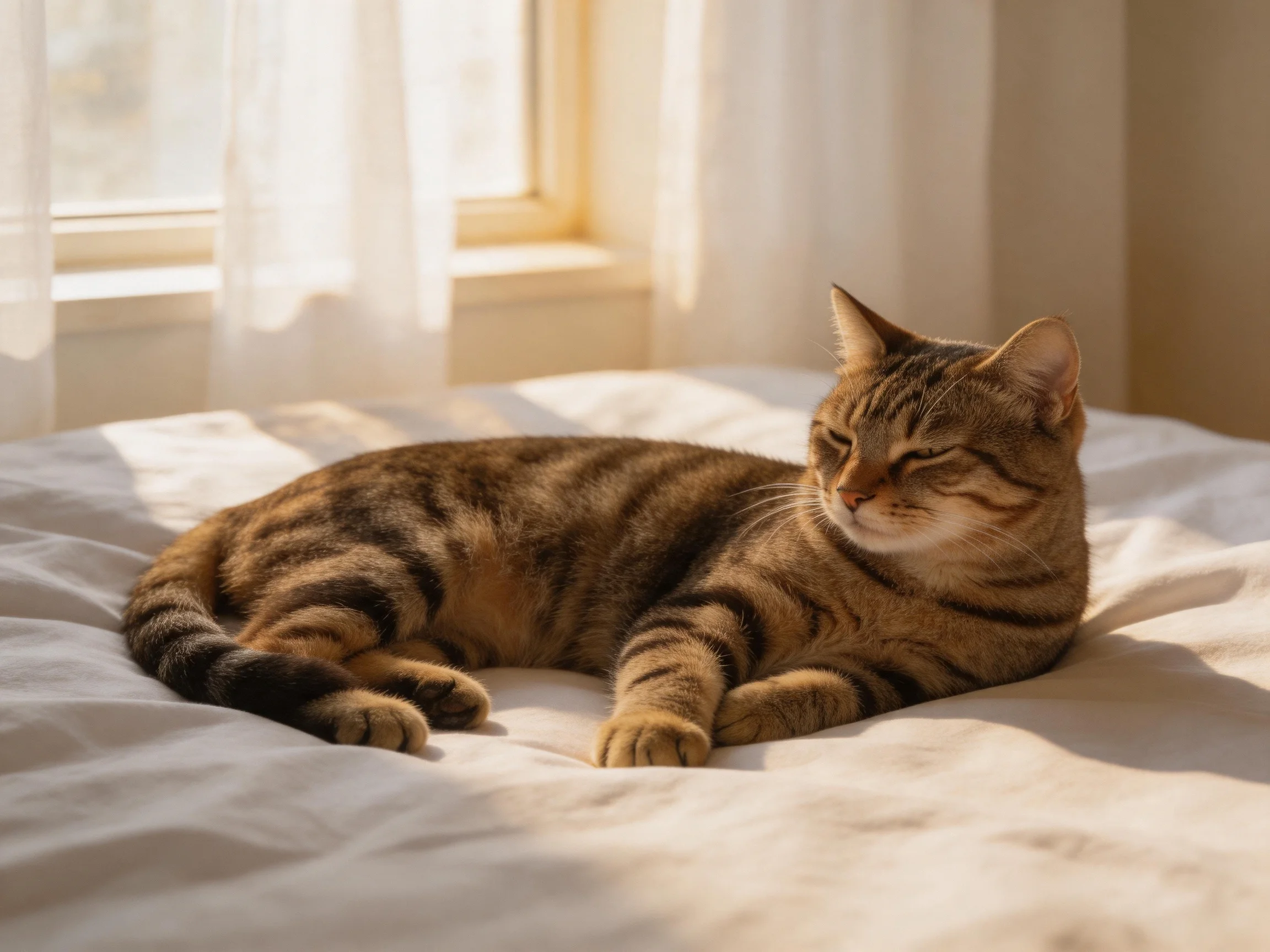 A relaxed tabby cat lounges on a sunlit white bed by a window