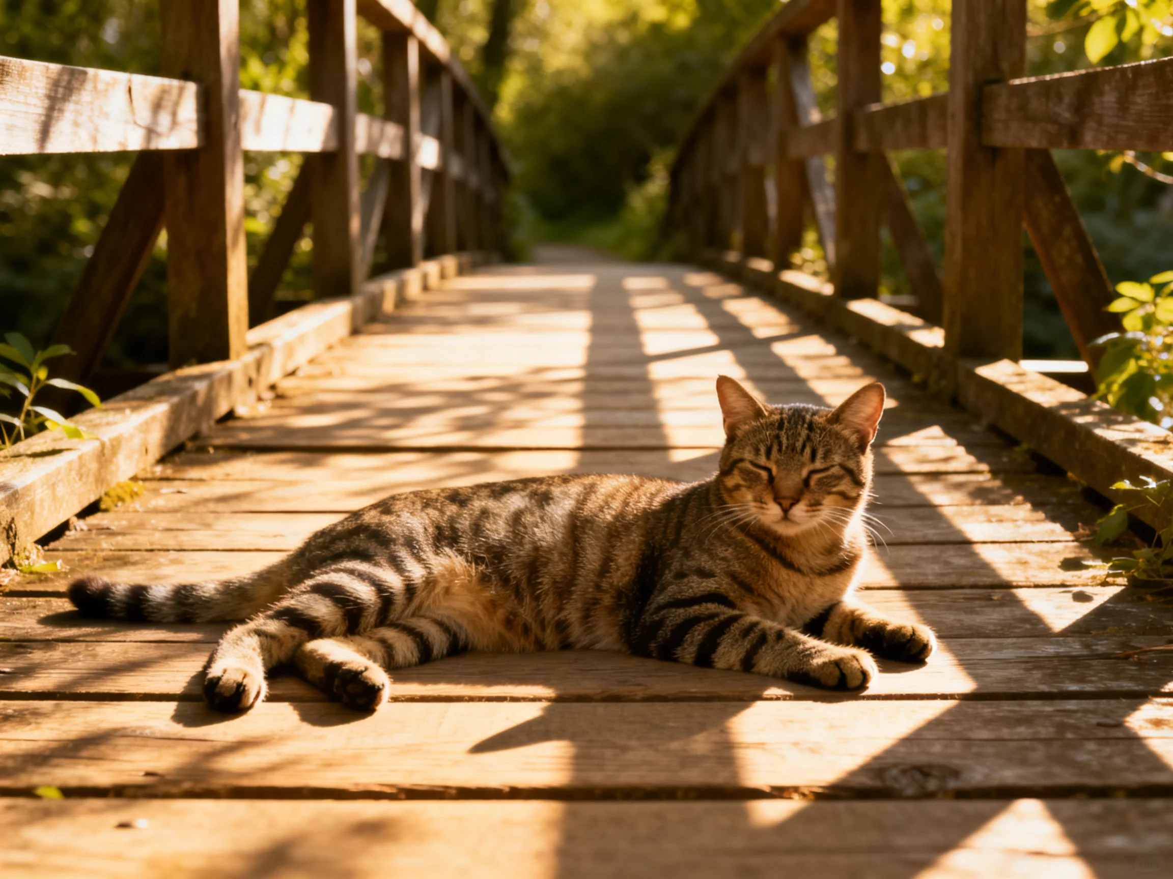 A relaxed tabby cat lounges on a sunlit wooden bridge