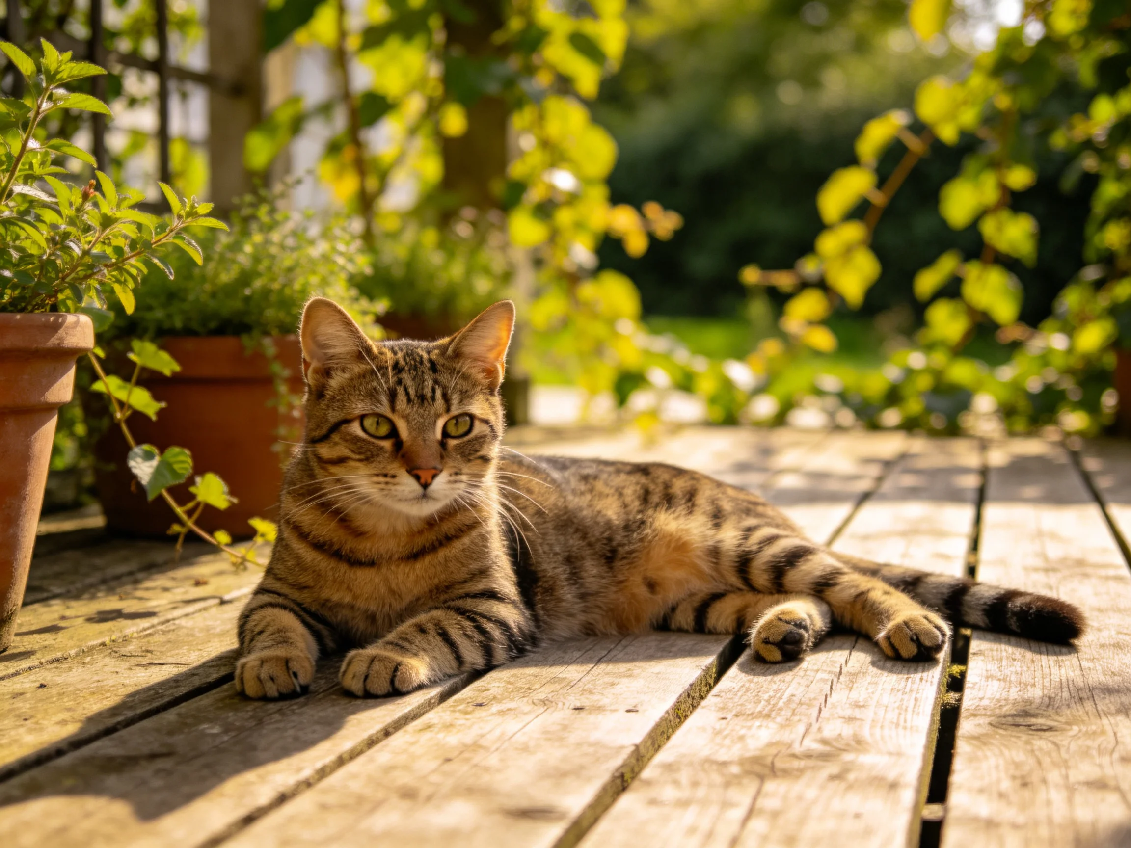A relaxed tabby cat lounges on a sunlit wooden deck near potted greenery