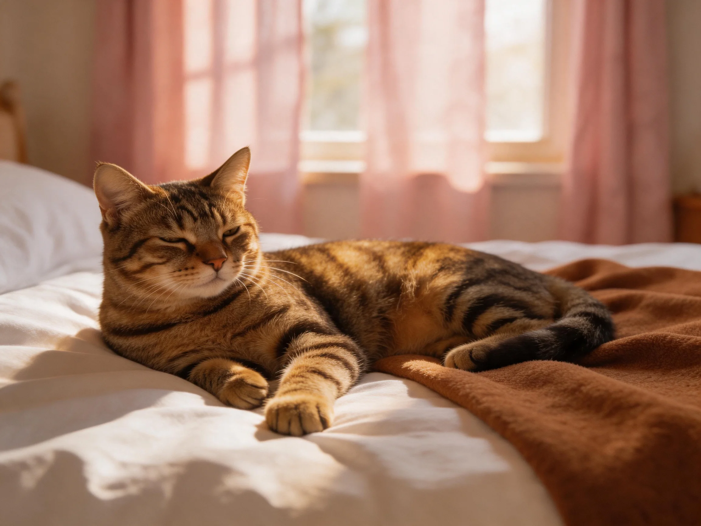 A relaxed tabby cat lounges on a white bed beside pink curtains