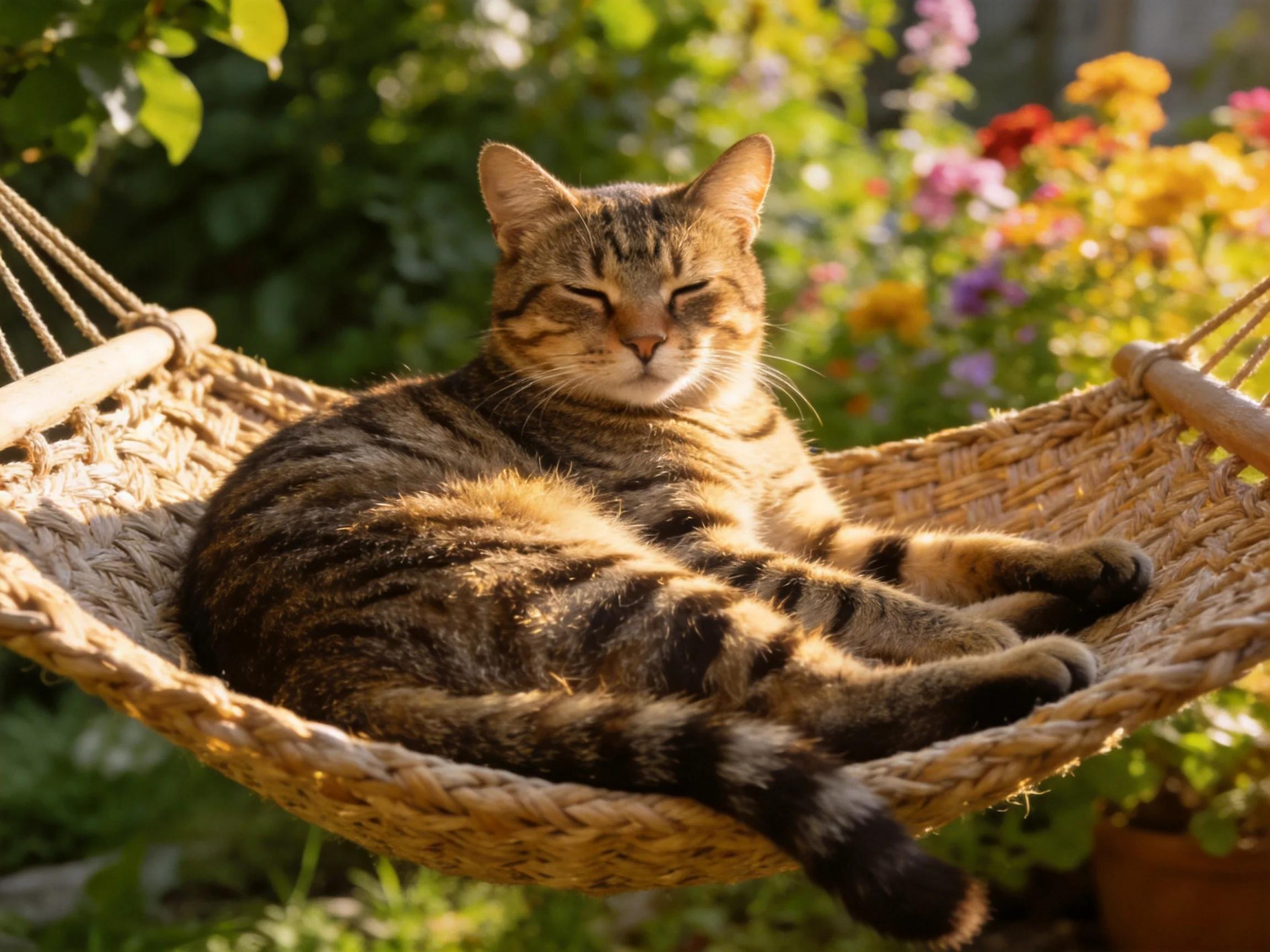A relaxed tabby cat lounging in a woven hammock amid colorful blooms