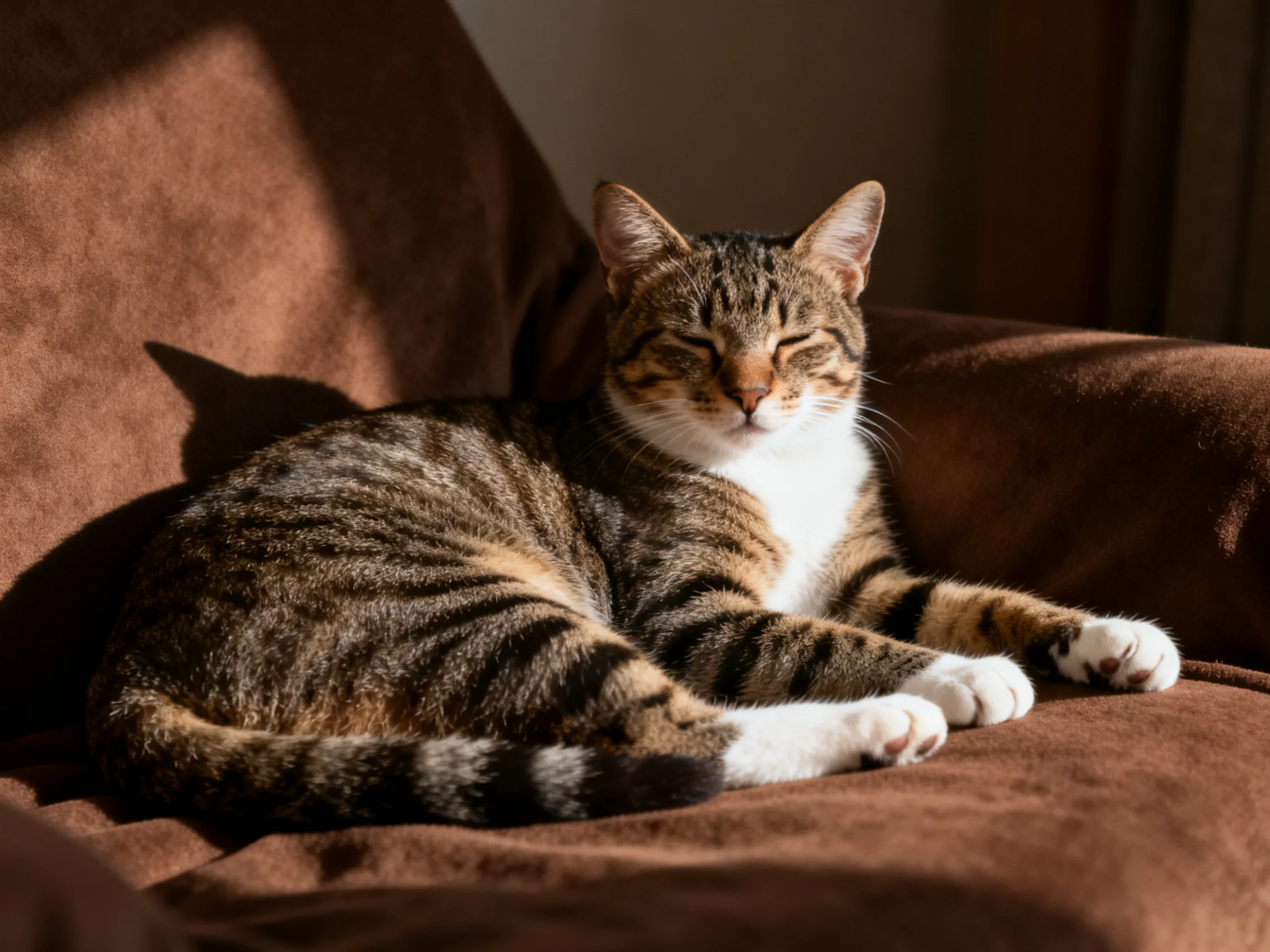 A relaxed tabby cat lounging on a brown upholstered seat in sunlight