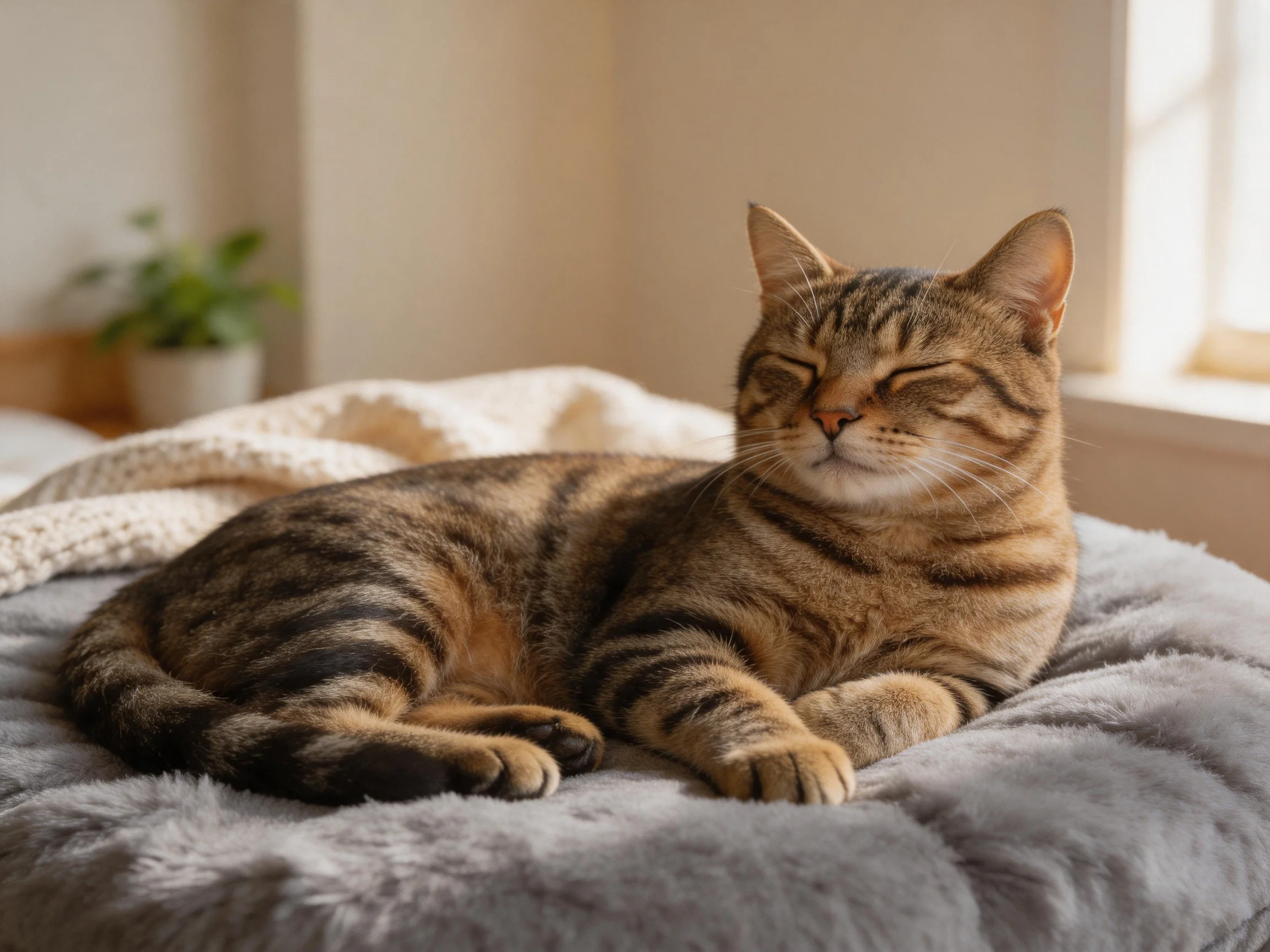 A relaxed tabby cat lounging on a fluffy gray cushion by a sunlit window
