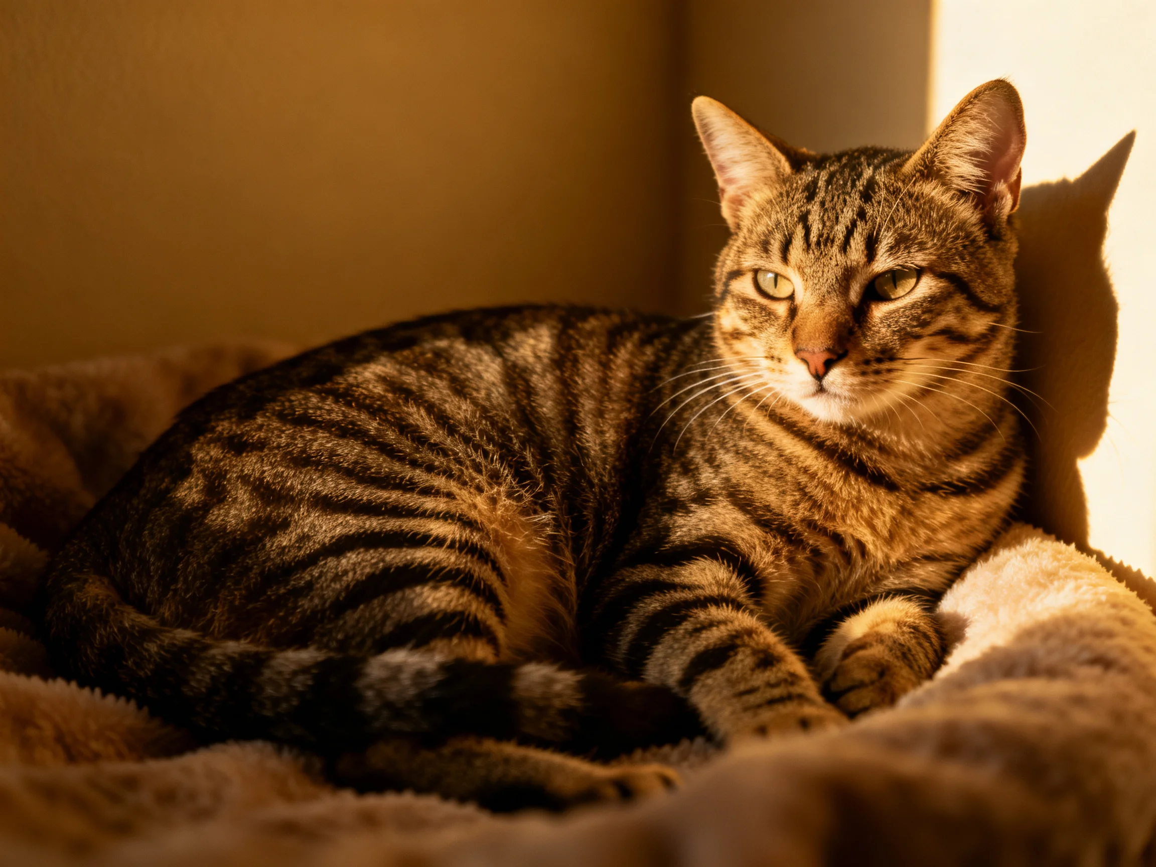 A relaxed tabby cat lounging on a plush brown blanket by a wall