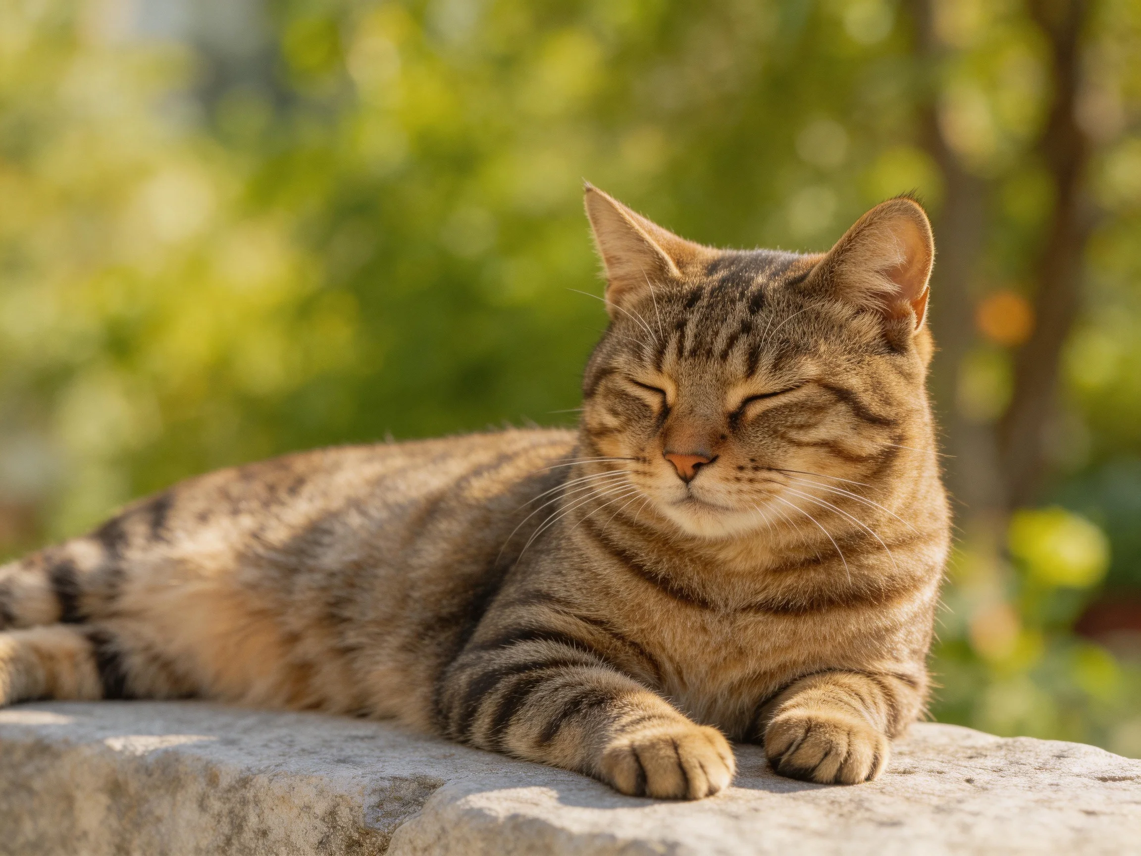 A tabby cat relaxes on a stone ledge surrounded by greenery