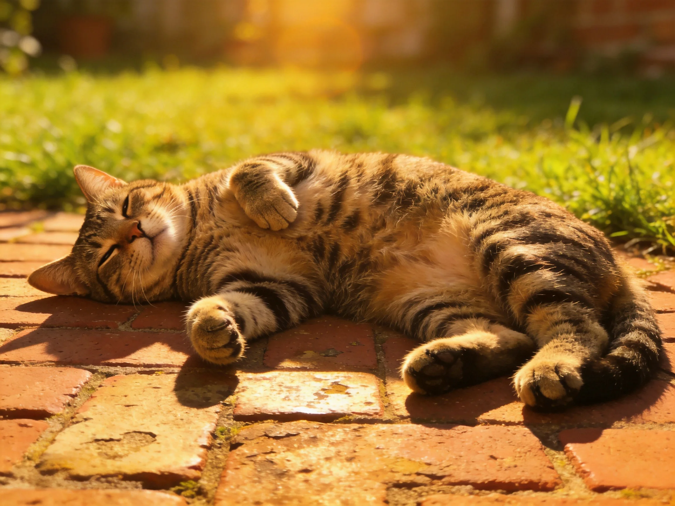 A relaxed tabby cat lounging on a sun-warmed brick patio near green grass