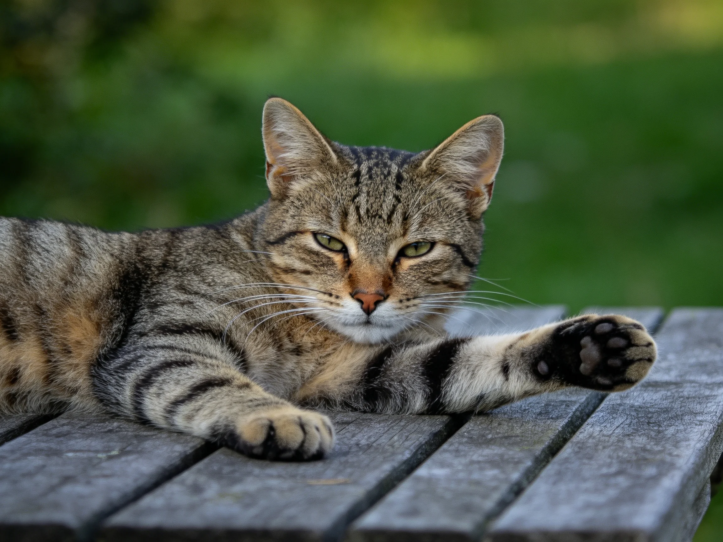 A relaxed tabby cat lounging on a weathered wooden table