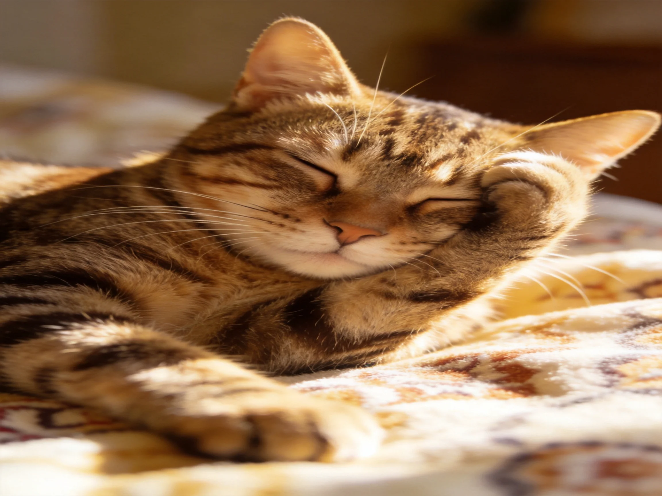 A relaxed tabby cat napping on a patterned fabric surface