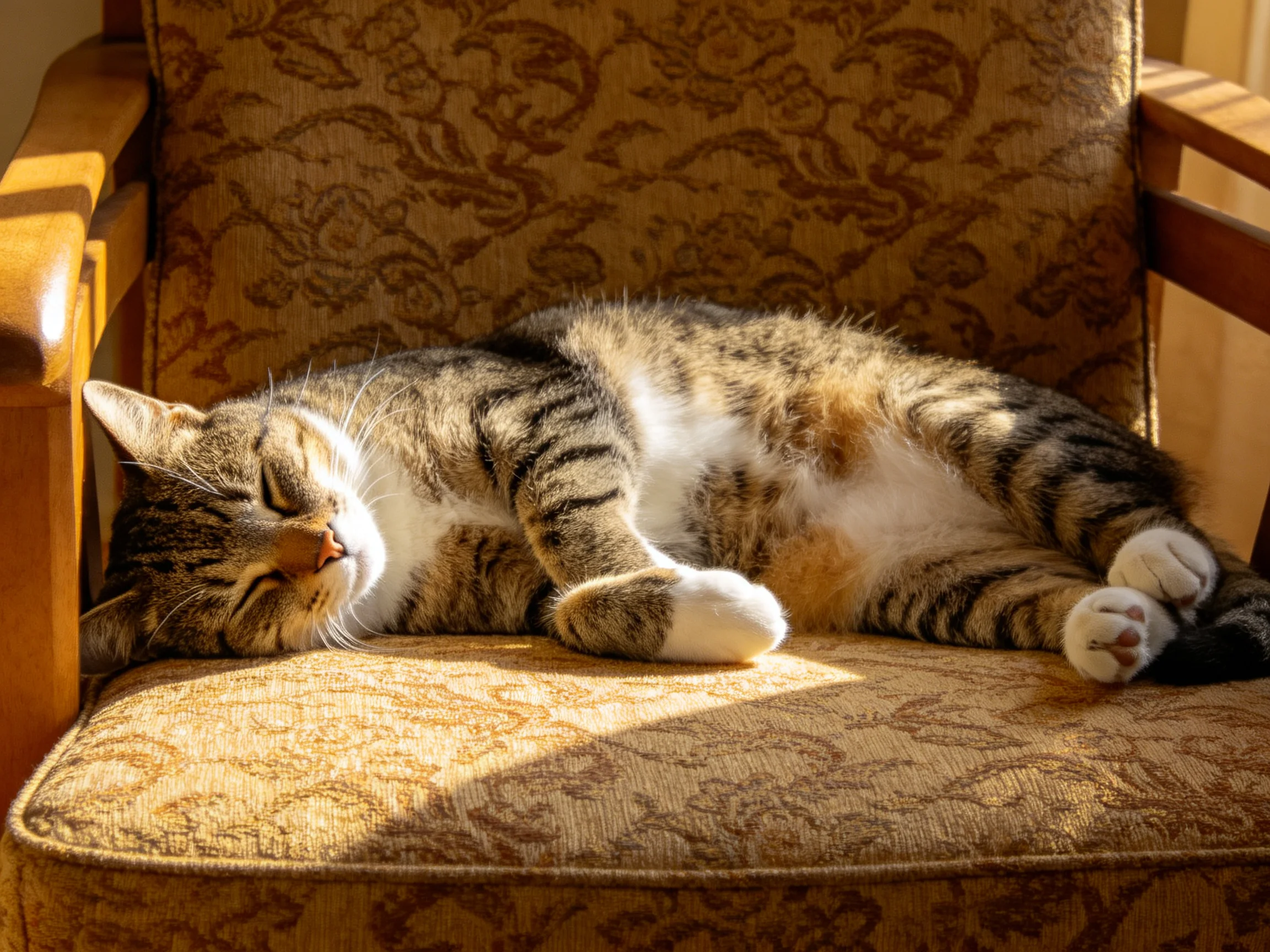 A tabby cat sleeps on a patterned armchair in sunlight.
