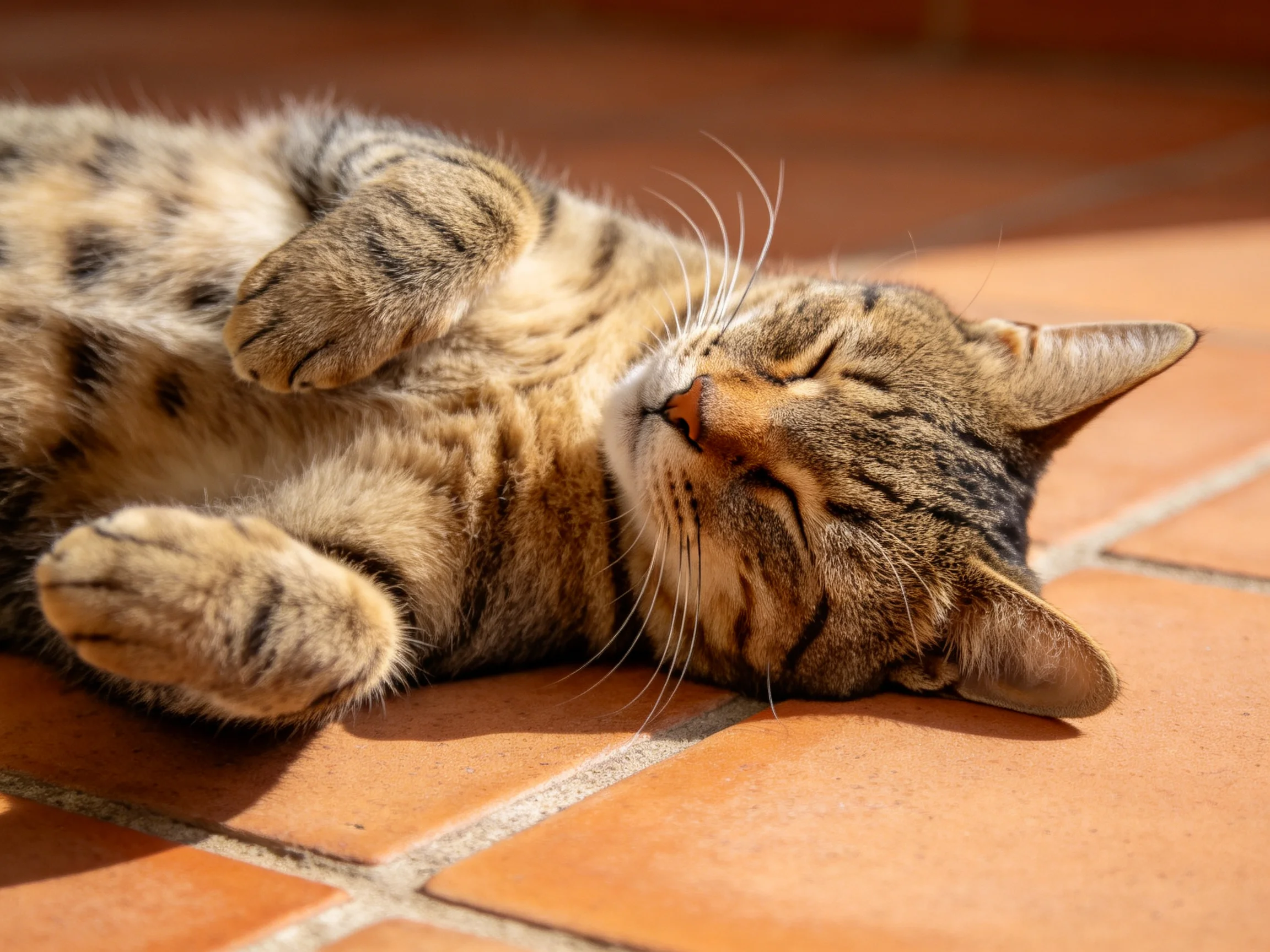 A relaxed tabby cat napping on terracotta tiles in bright sunlight