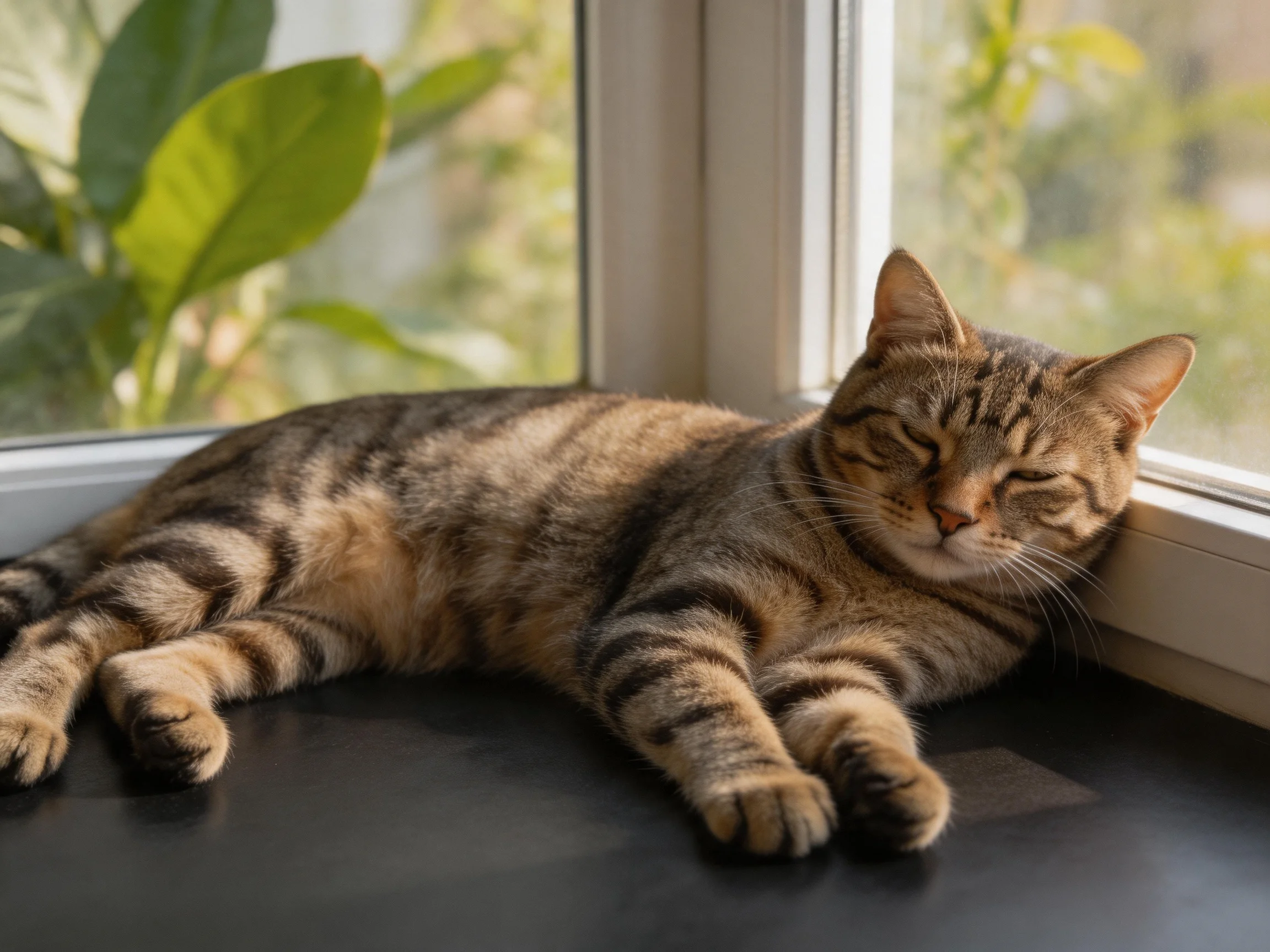 A relaxed tabby cat resting by a sunlit window