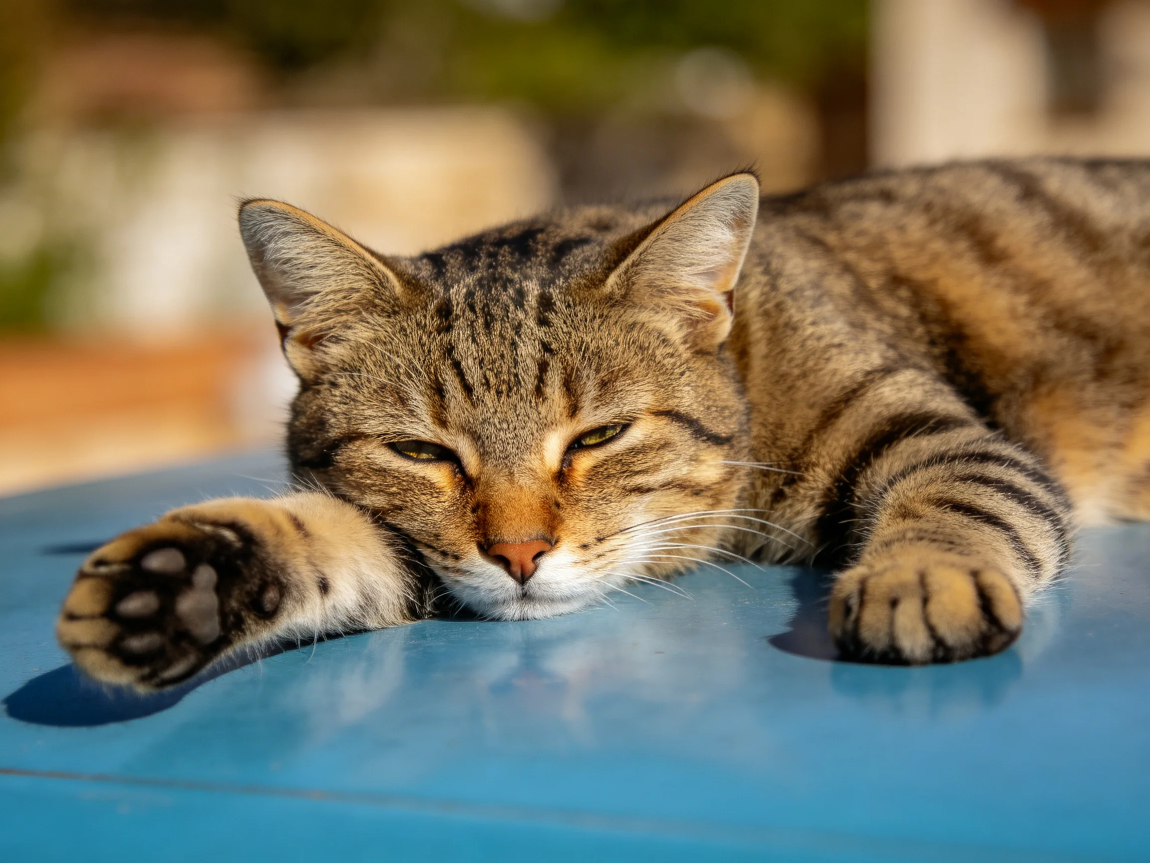 A relaxed tabby cat resting on a bright blue outdoor surface