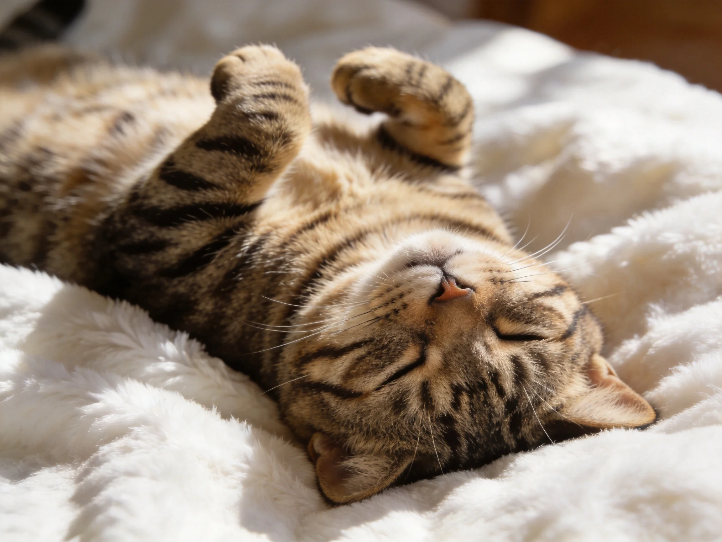 A relaxed tabby cat resting on a fluffy white blanket