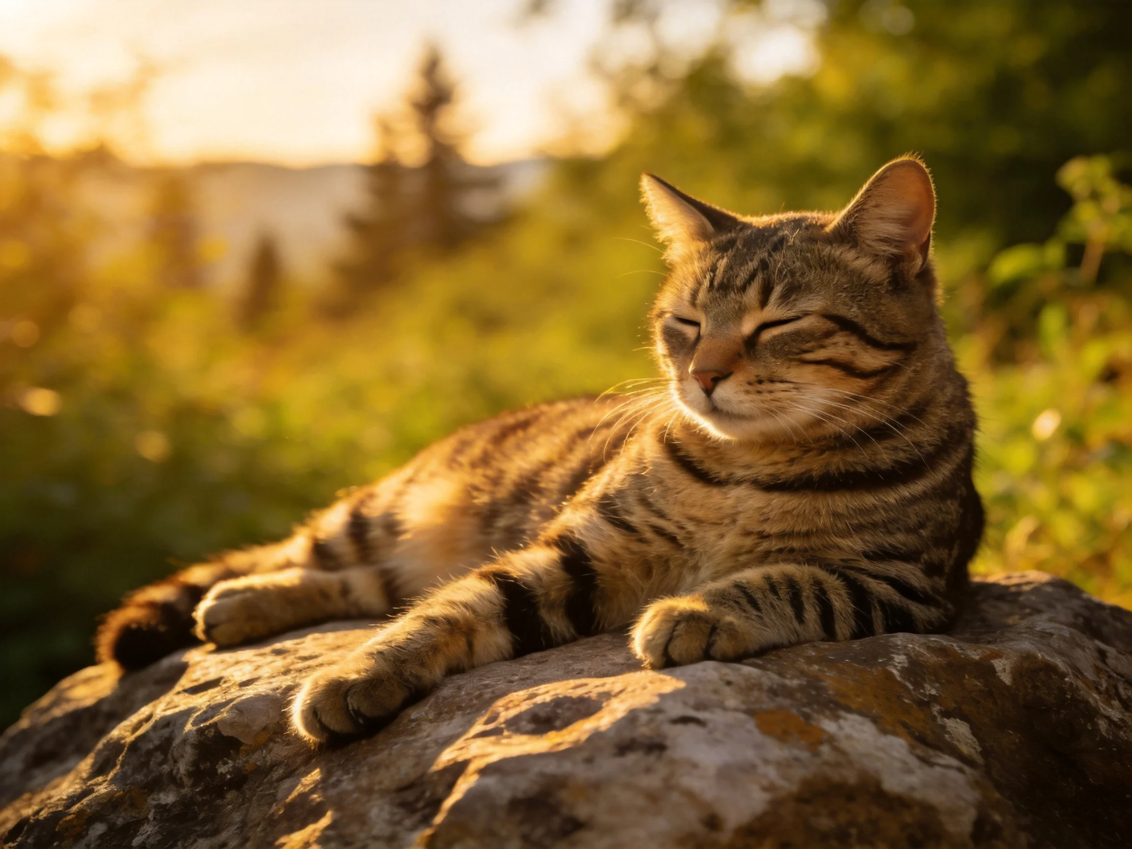 A relaxed tabby cat resting on a large rock in golden sunlight