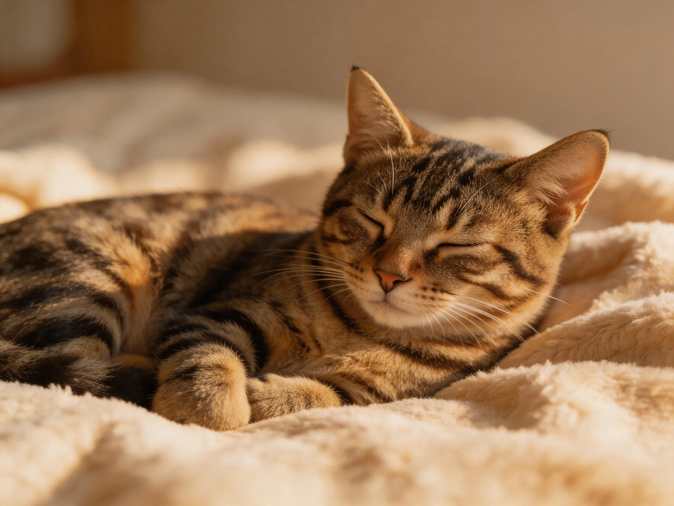 A relaxed tabby cat resting on a soft beige blanket