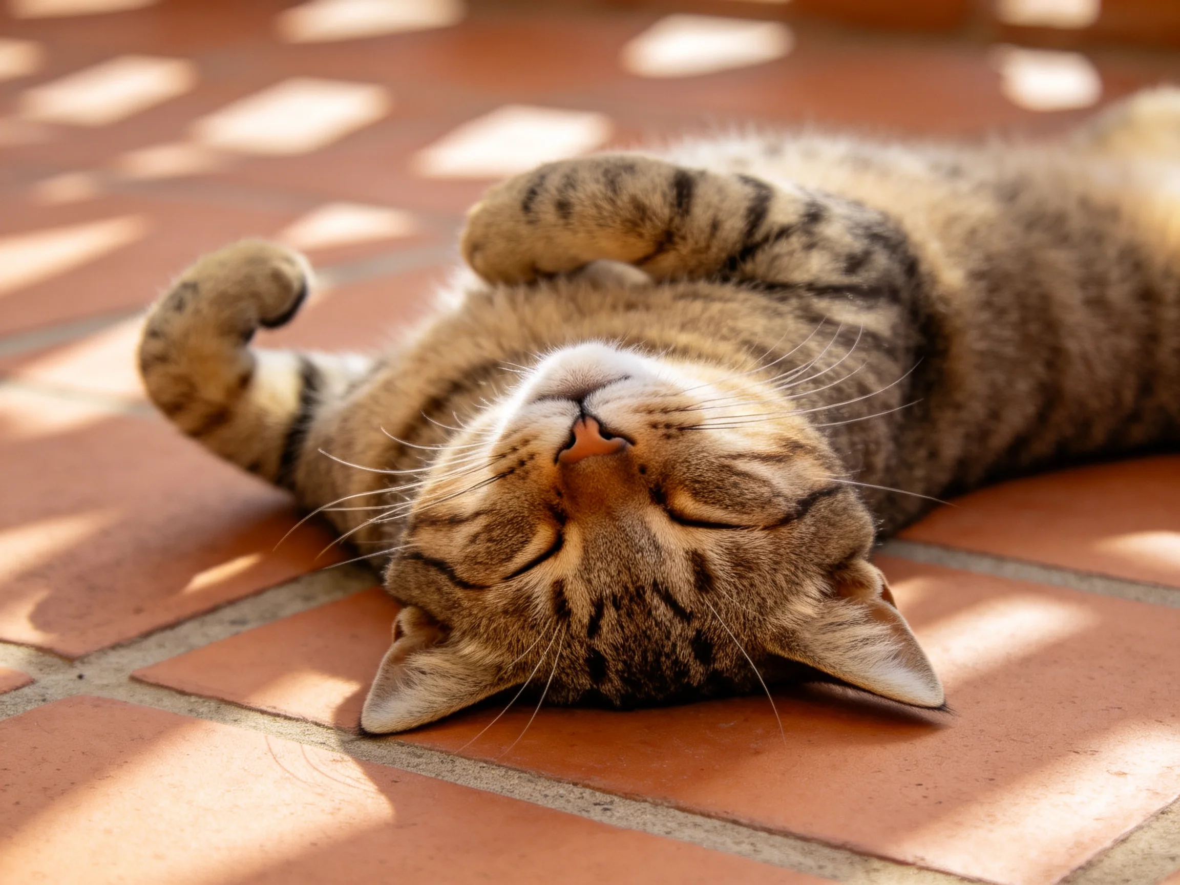 A relaxed tabby cat resting on reddish-brown tiled flooring