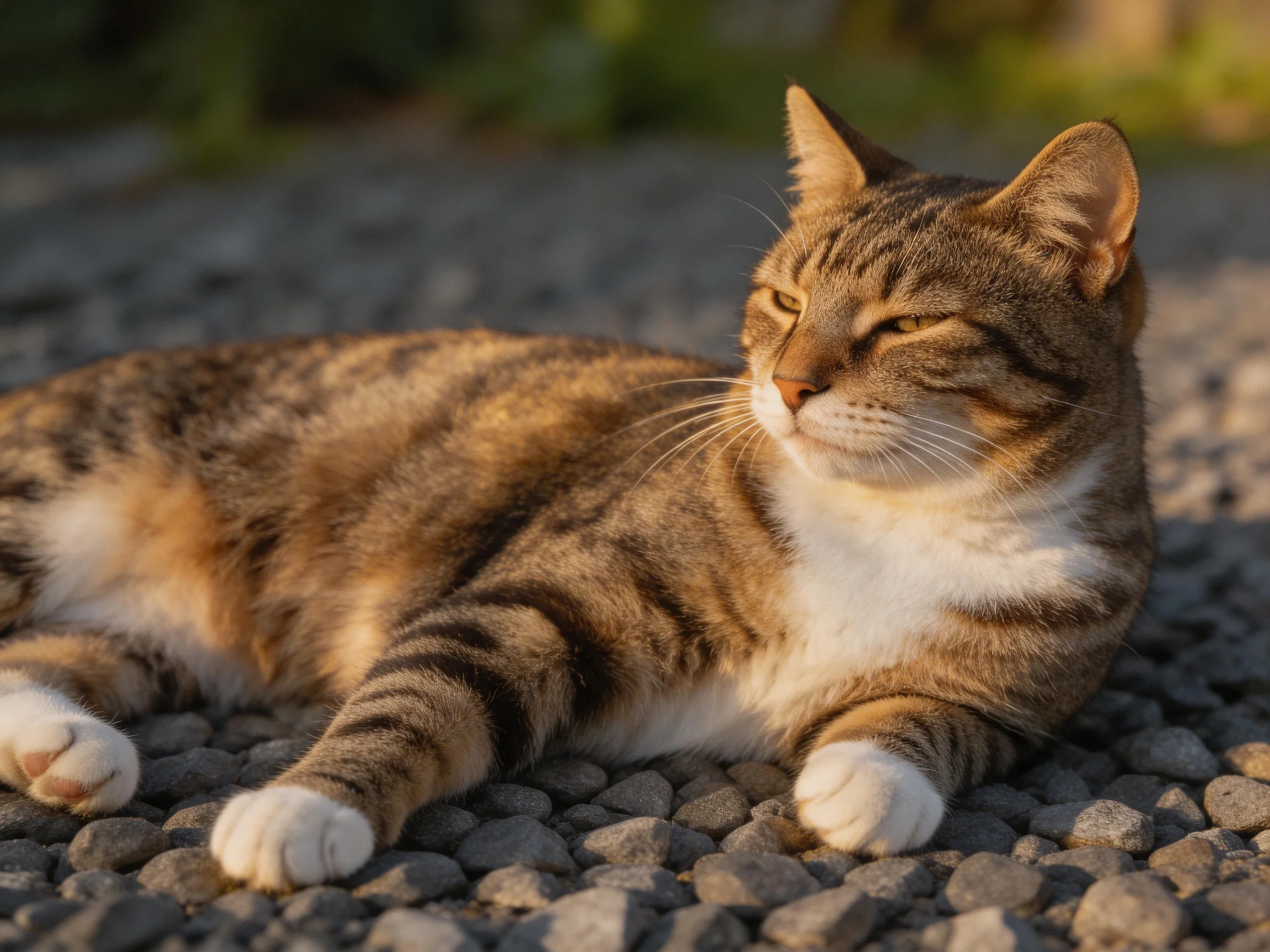 A tabby cat relaxes on pebbles in a sunlit outdoor setting.