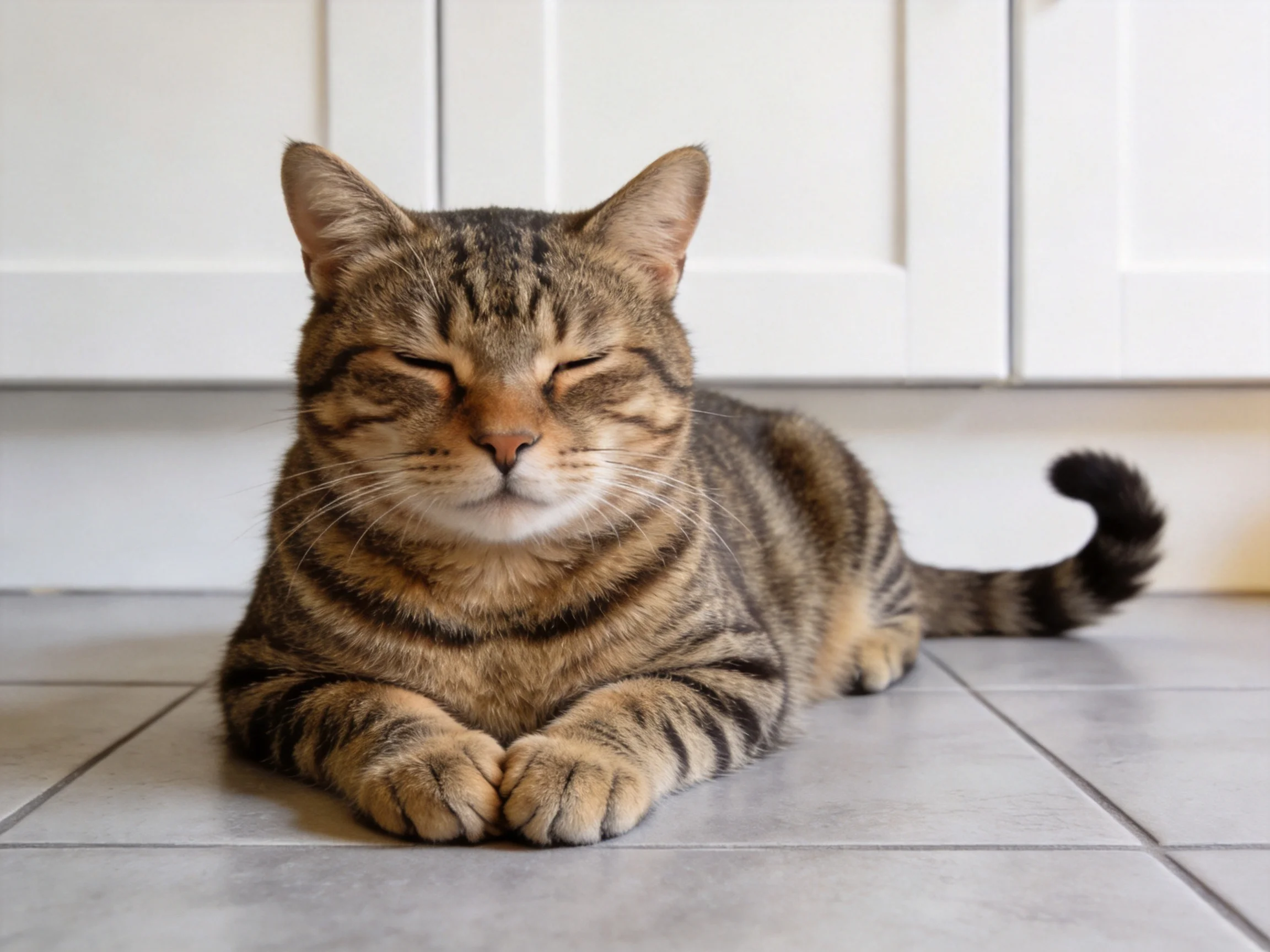 A relaxed tabby cat resting on tiled flooring near white cabinets