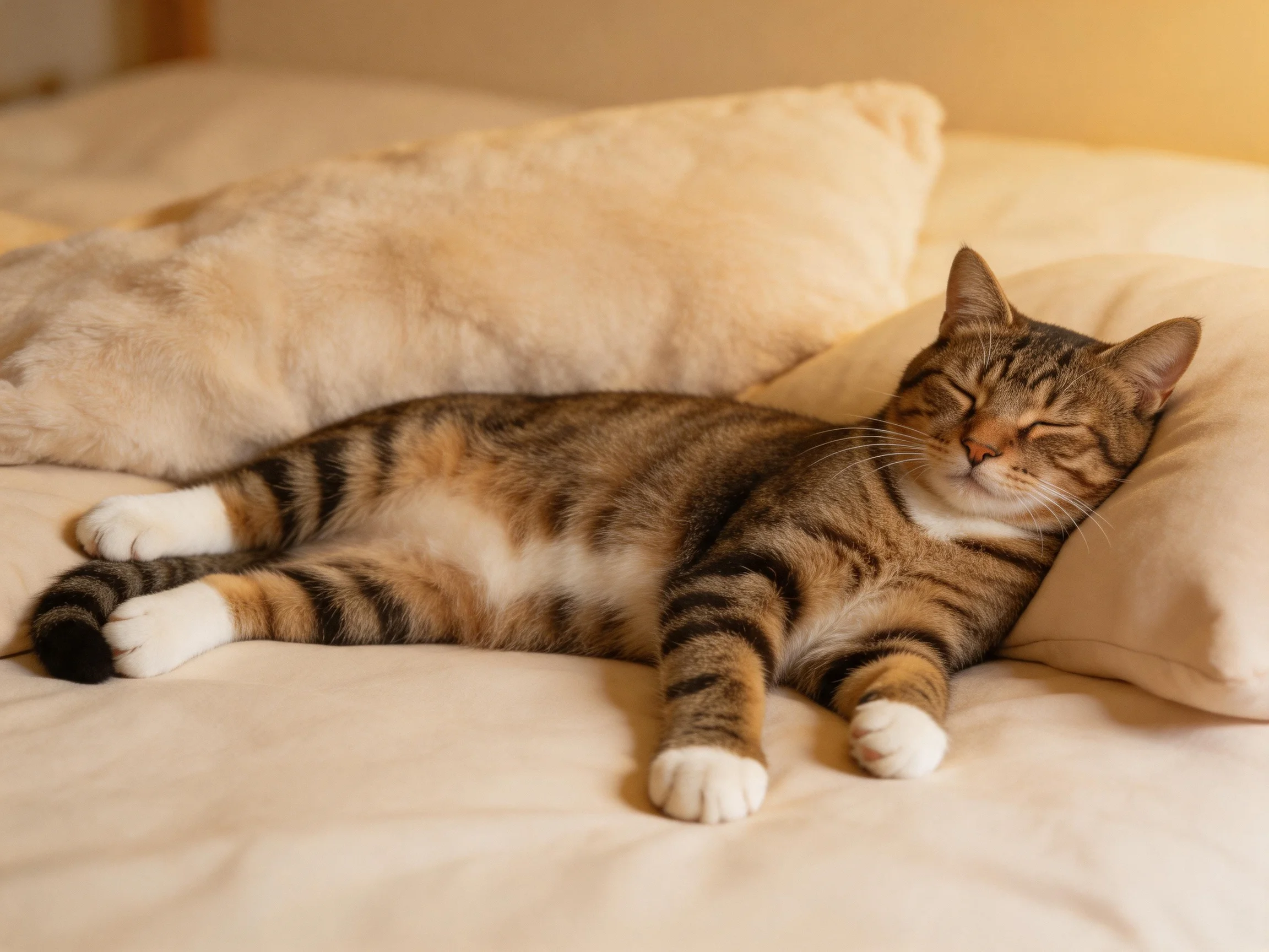 A relaxed tabby cat resting on two pillows with soft bedding