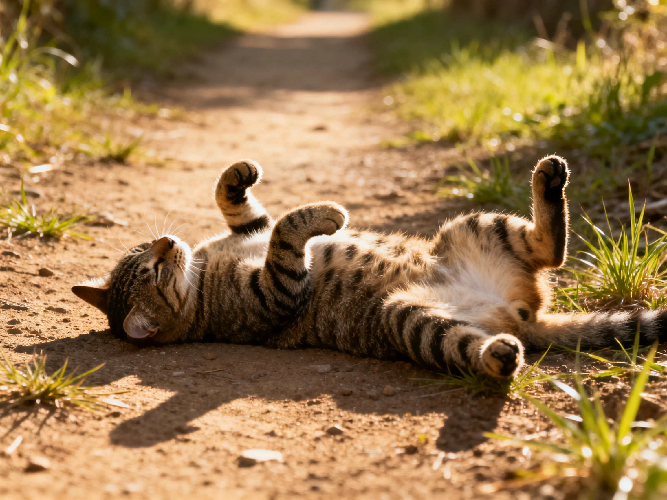 A relaxed tabby cat rolls on a sunlit dirt path