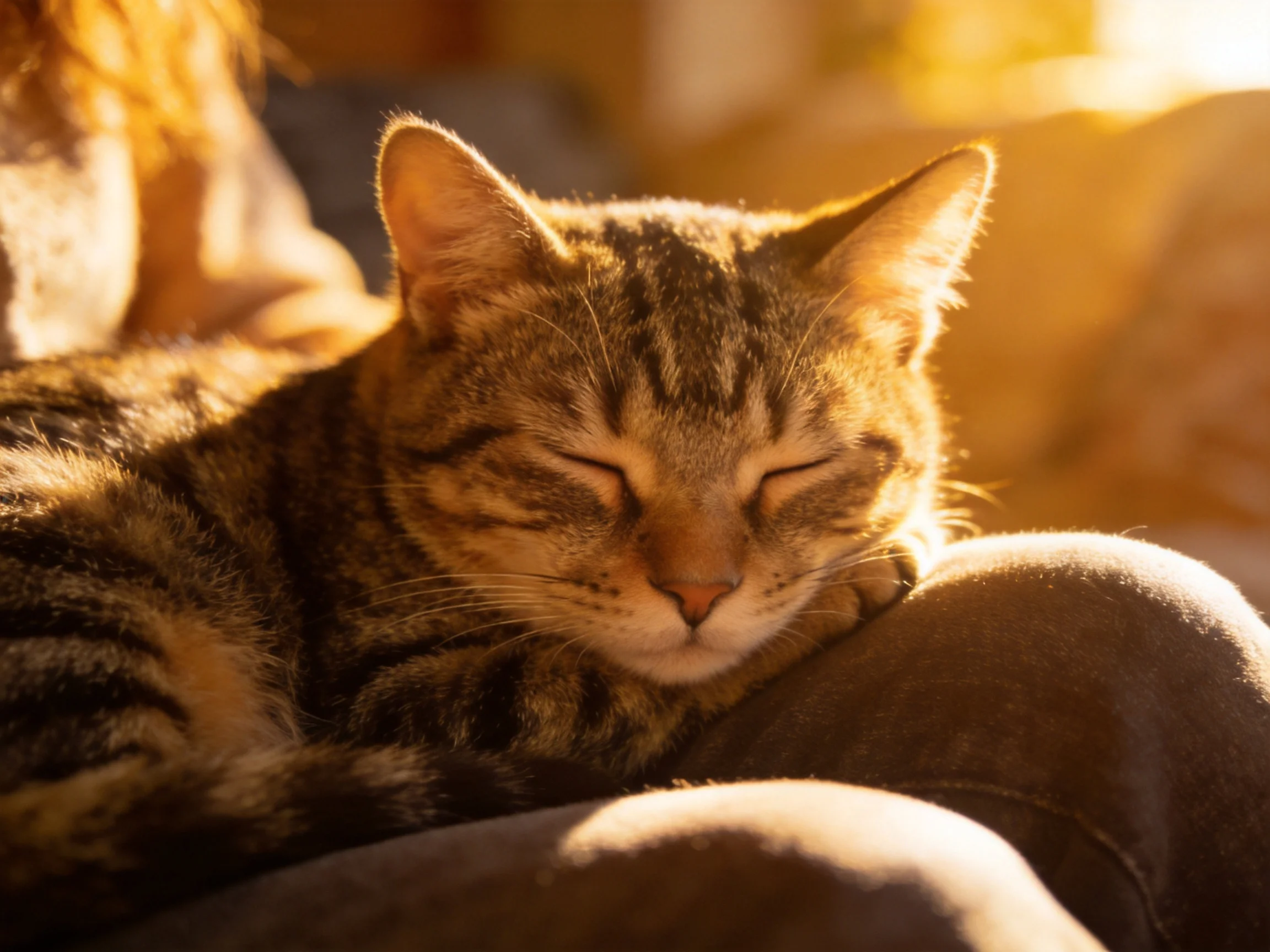 A relaxed tabby cat sleeps on soft fabric in golden sunlight