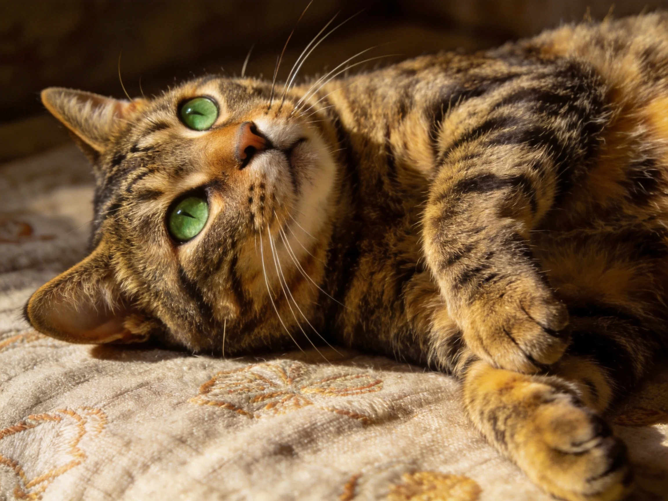 A relaxed tabby cat with bright green eyes lounging on a patterned fabric