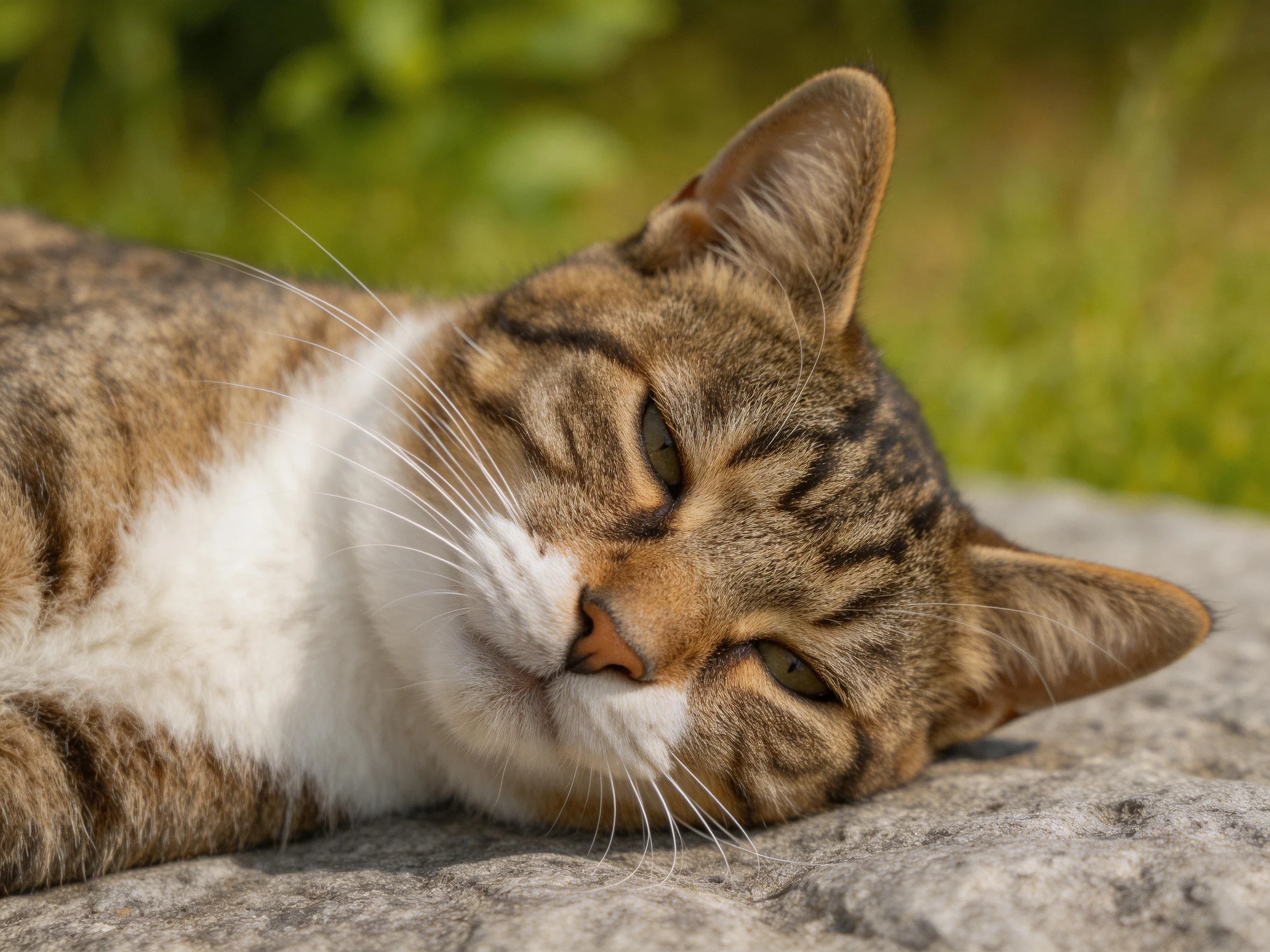 A tabby cat rests comfortably on a stone surface surrounded by greenery.