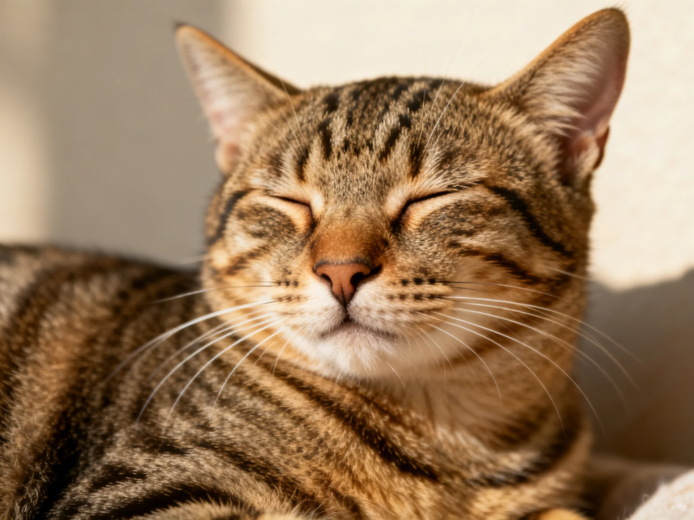 A relaxed tabby cat with closed eyes basking in soft sunlight