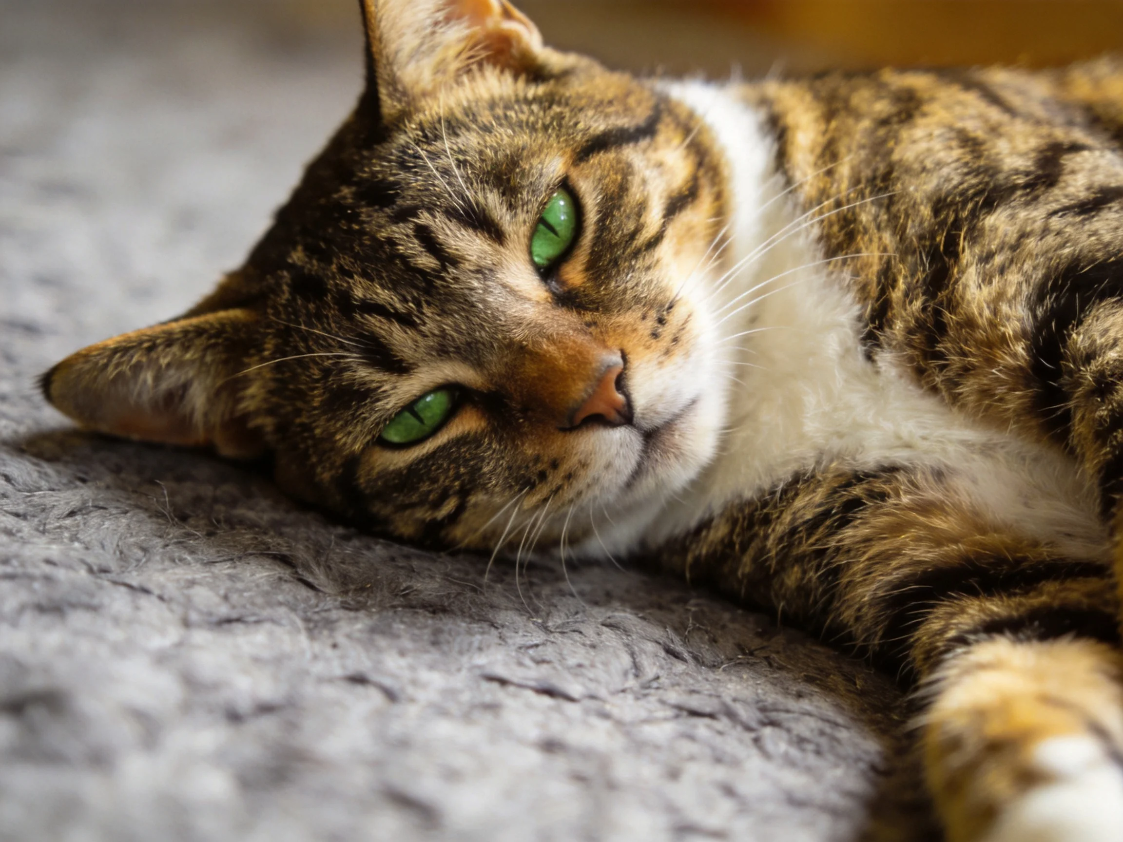 A relaxed tabby cat with green eyes lounging on a soft gray blanket
