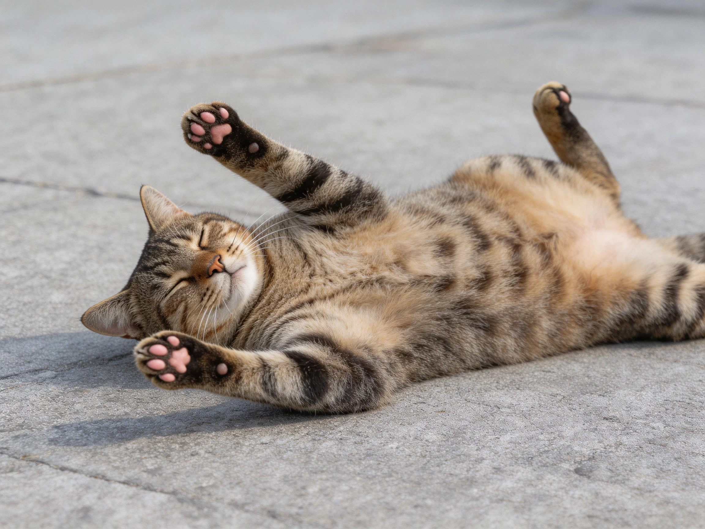 A relaxed tabby cat with striped fur lies on gray pavement