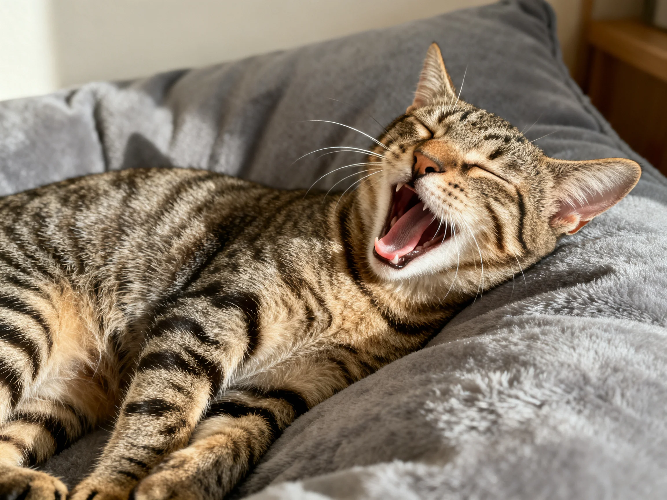 A relaxed tabby cat yawning on a plush gray cushion