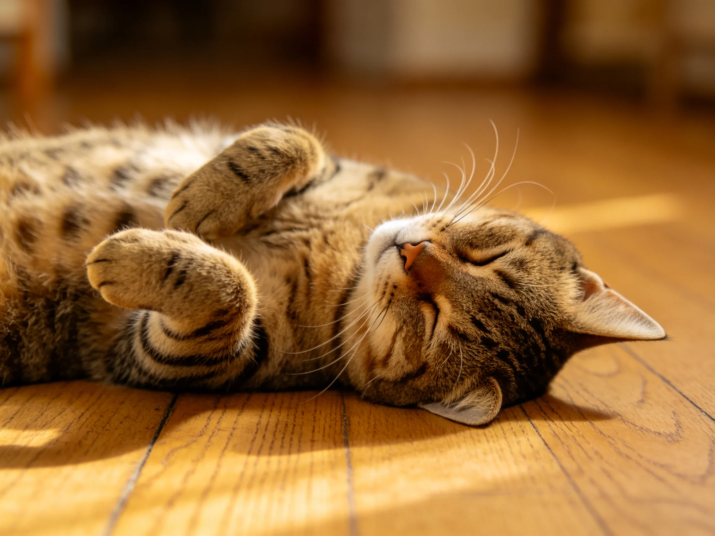 A relaxed tabby kitten lies on a wooden floor in warm sunlight