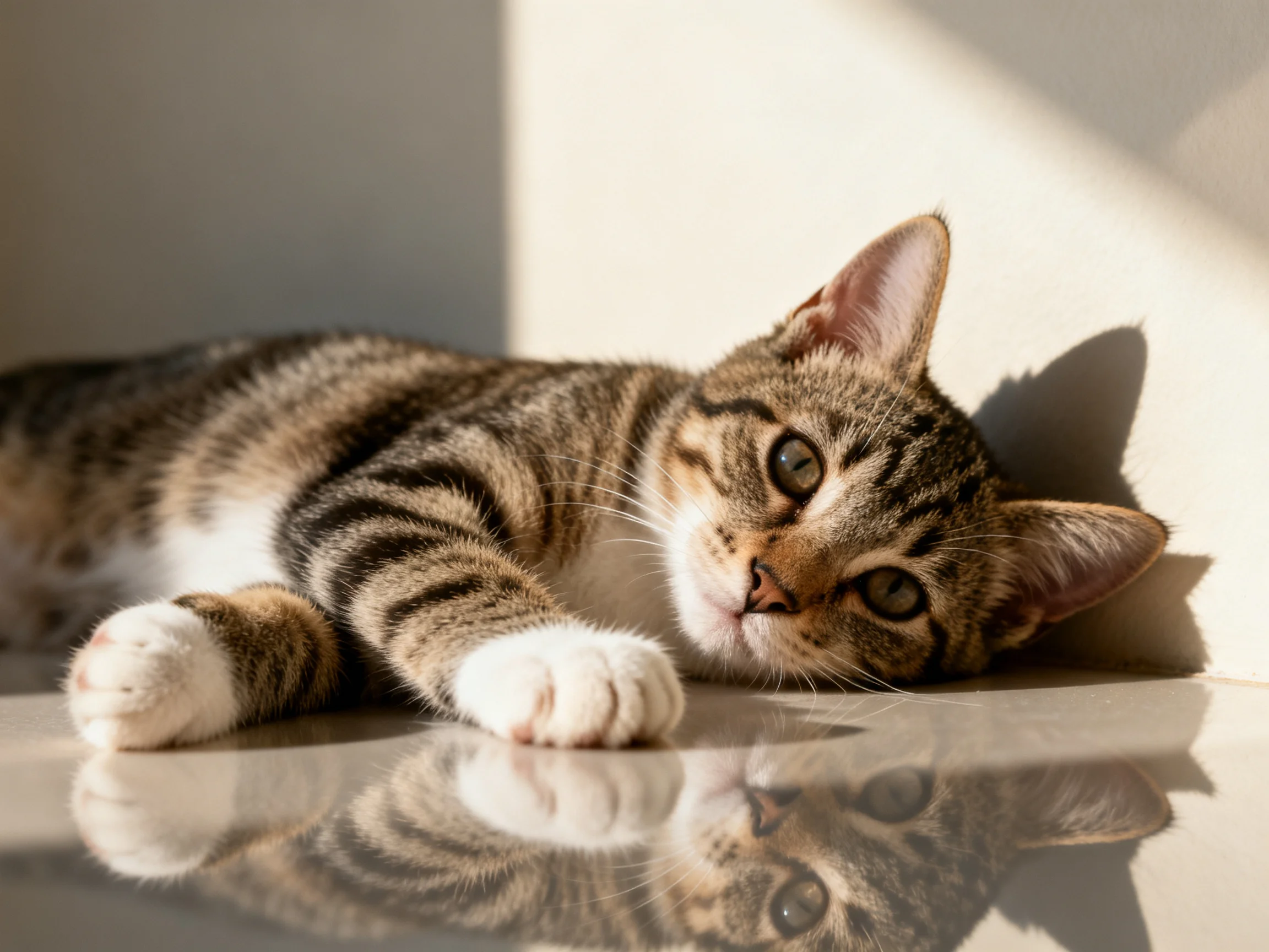 A relaxed tabby kitten lounging near a light-colored wall