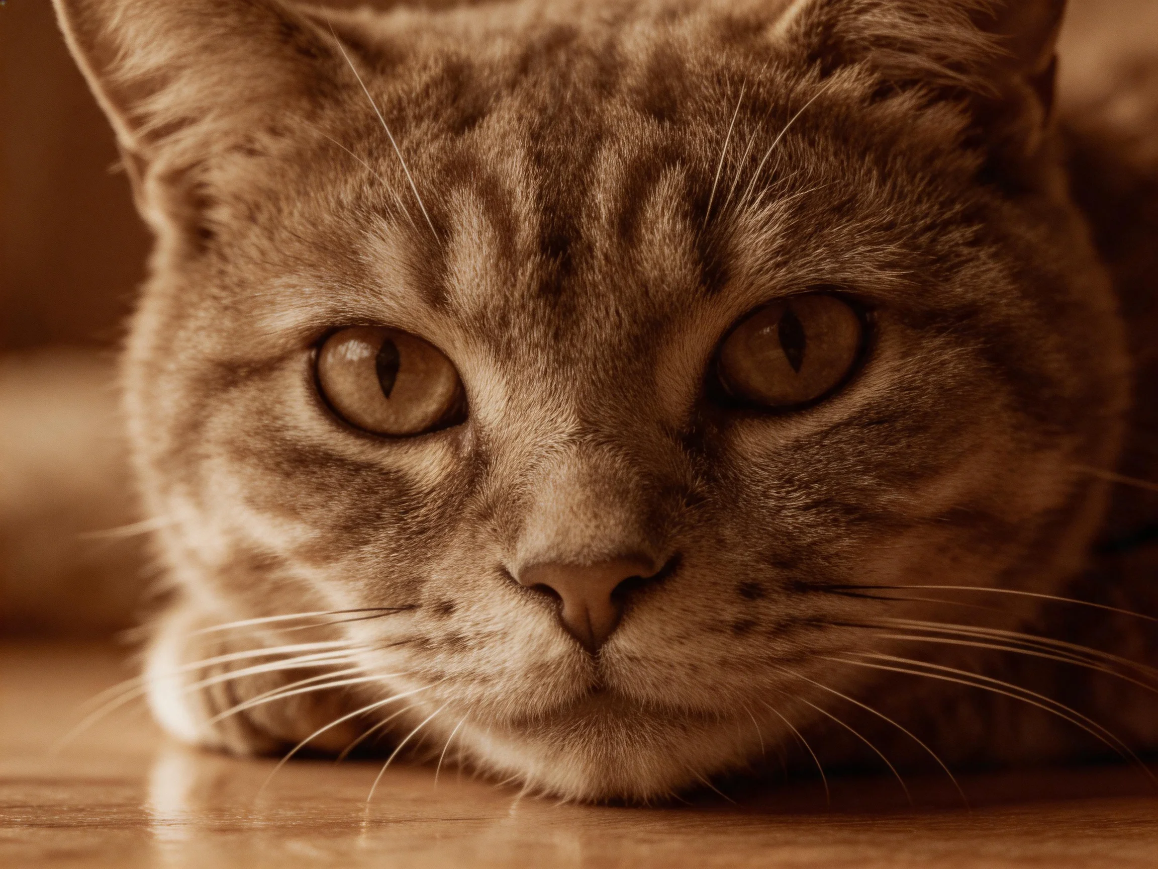 A sepia - toned close - up of a tabby cat with prominent whiskers