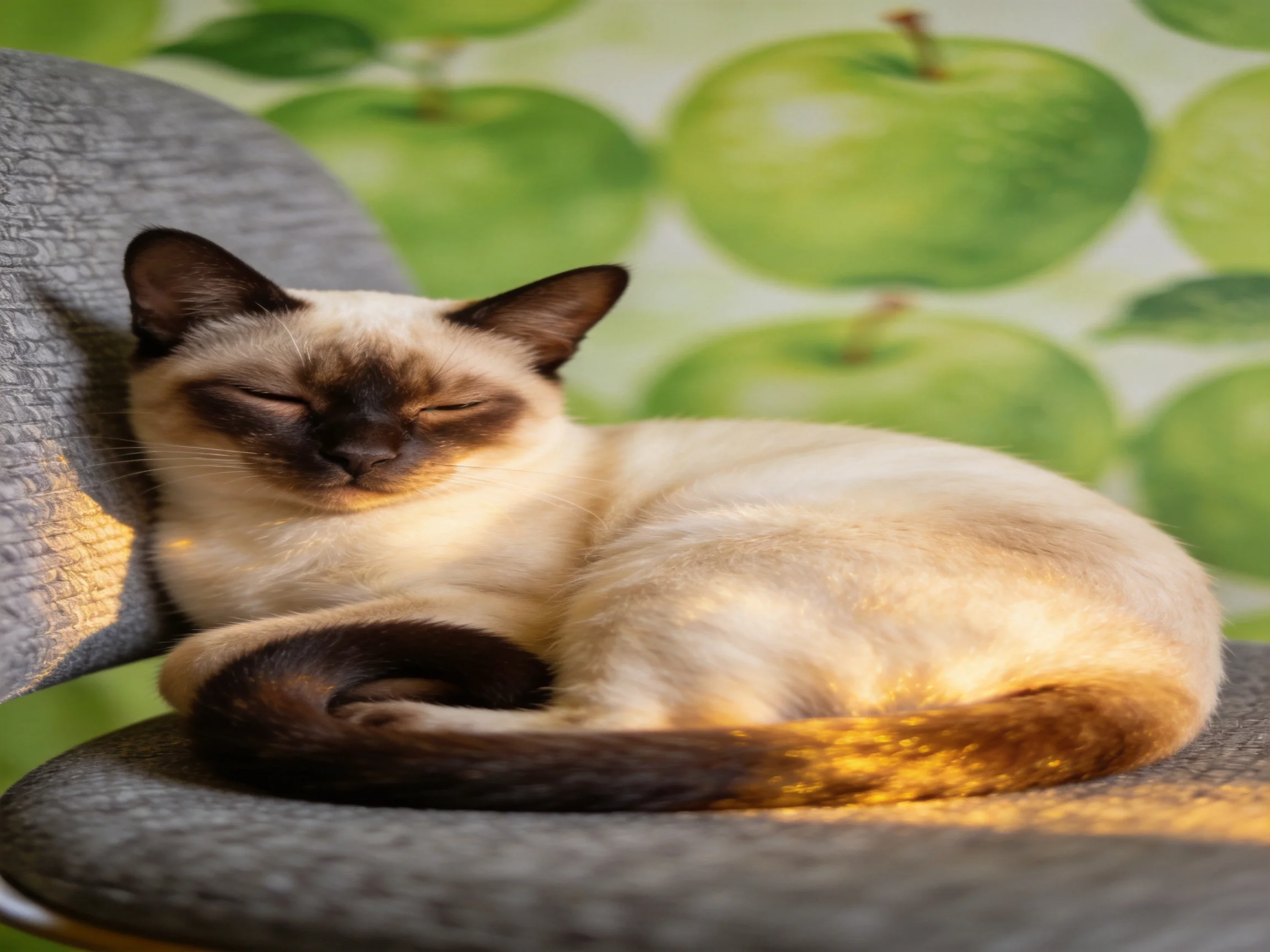 A Siamese cat rests peacefully on a gray chair with green apple wallpaper.