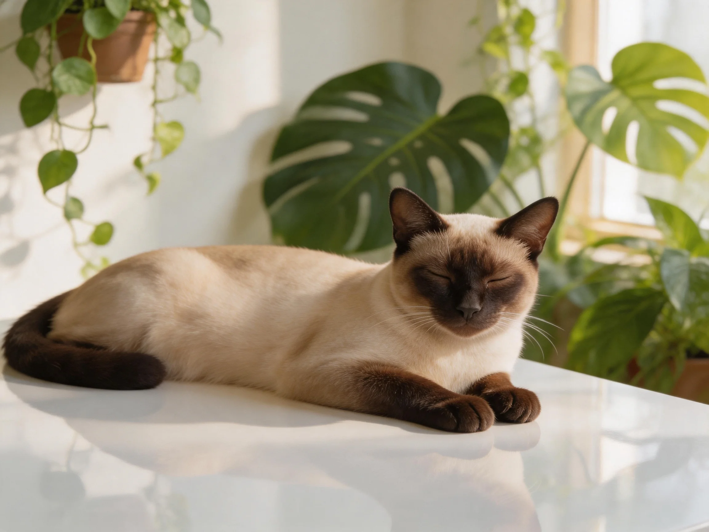 A serene Siamese cat resting on a white surface amid lush green plants