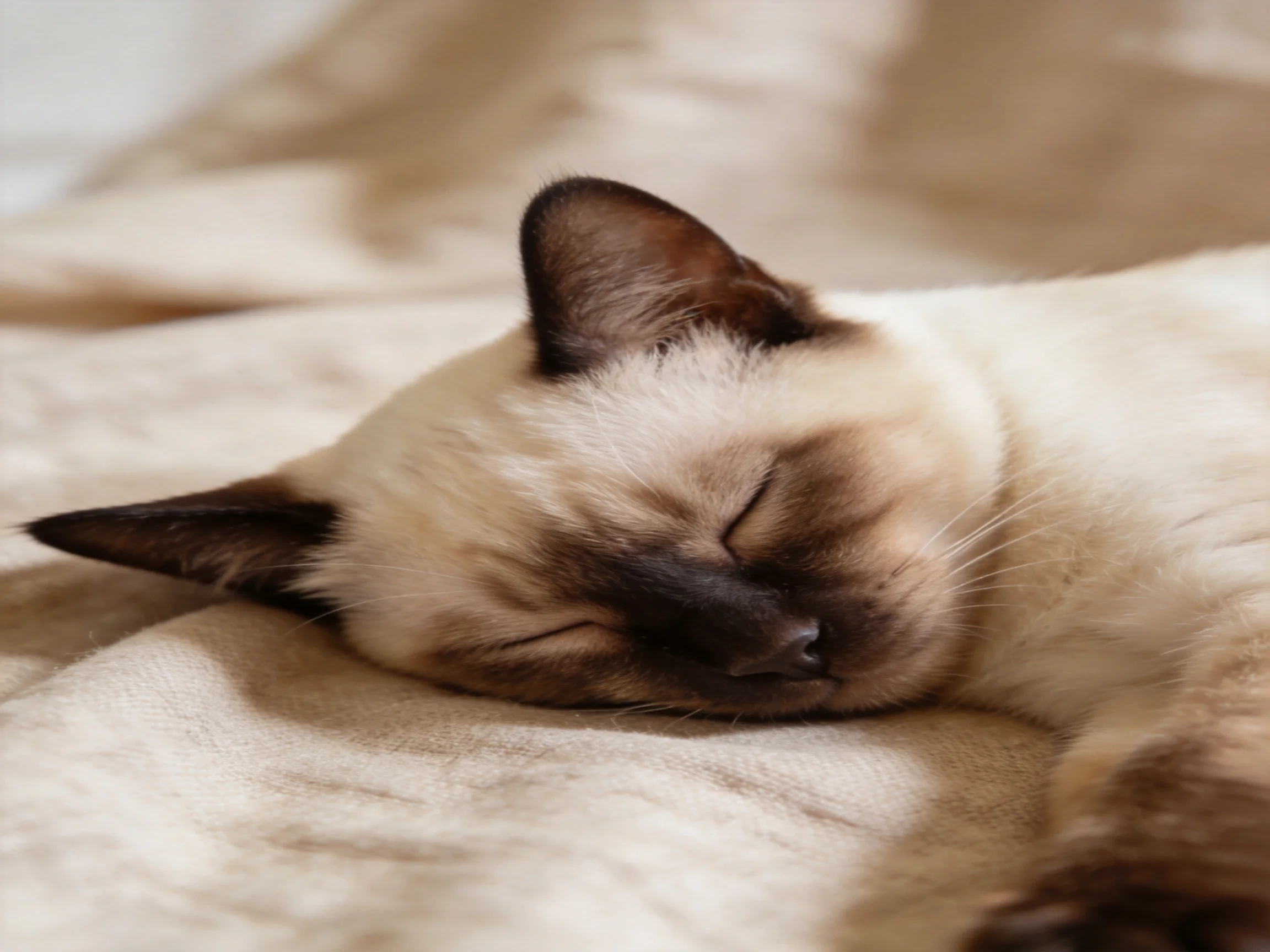 A serene Siamese cat sleeps on a plush beige fabric