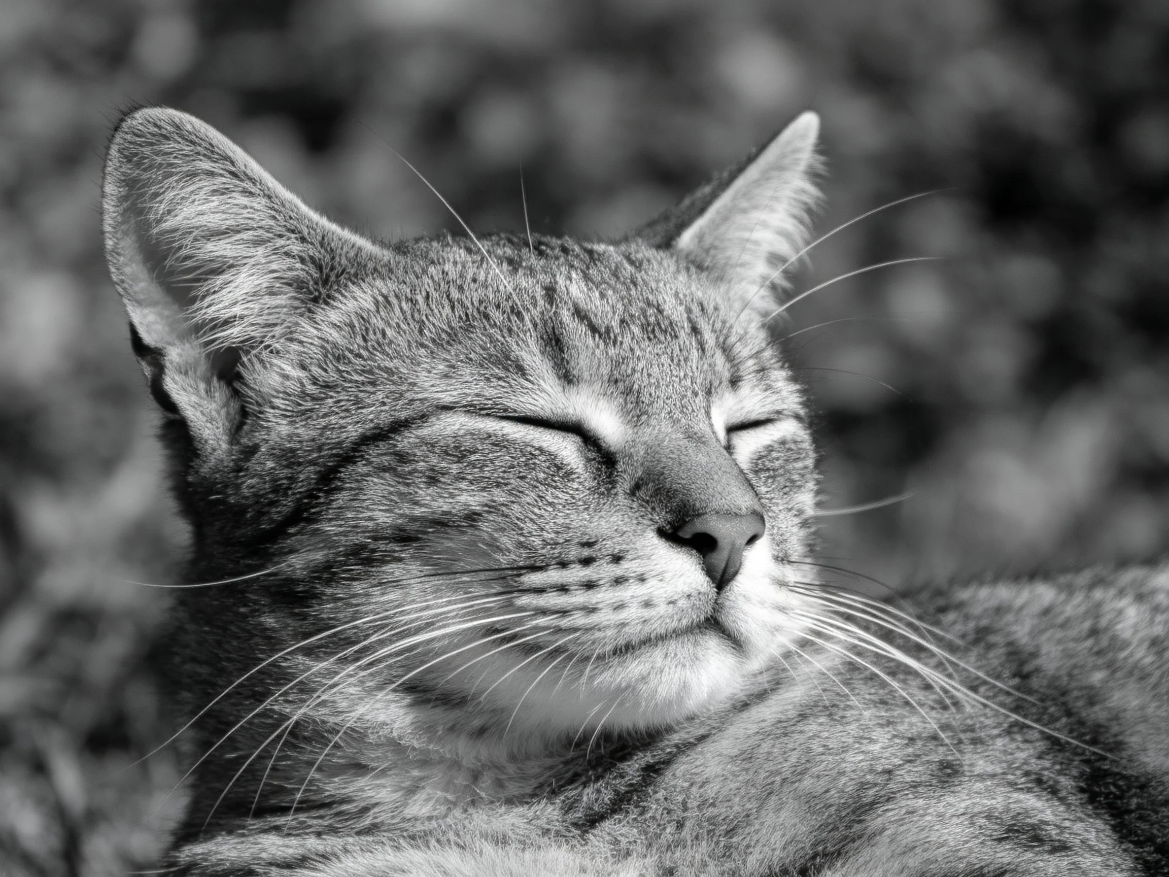 A serene black - and - white portrait of a content tabby cat resting