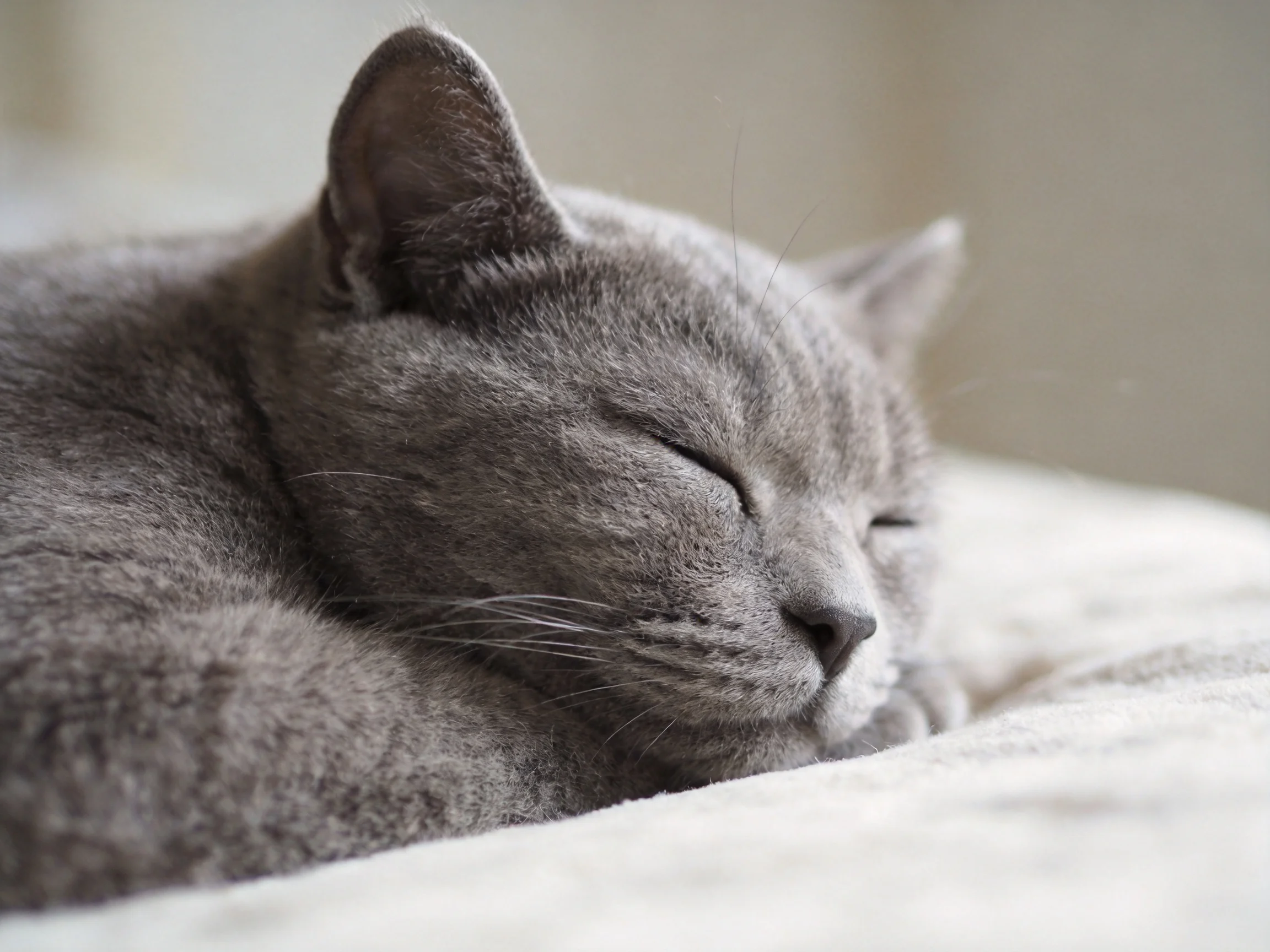 A serene gray cat sleeps peacefully on soft white bedding