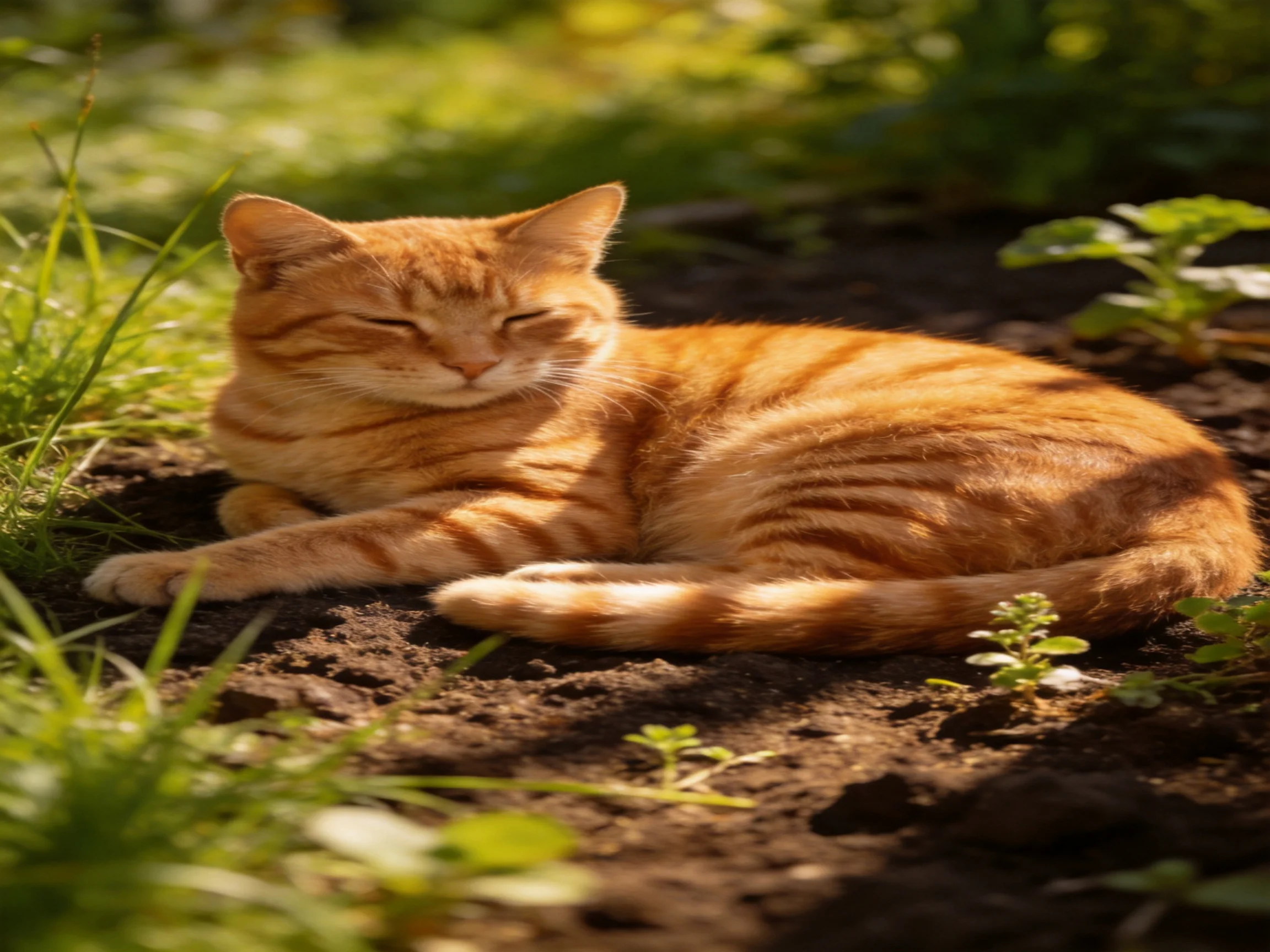 An orange tabby cat rests peacefully in a sunlit garden