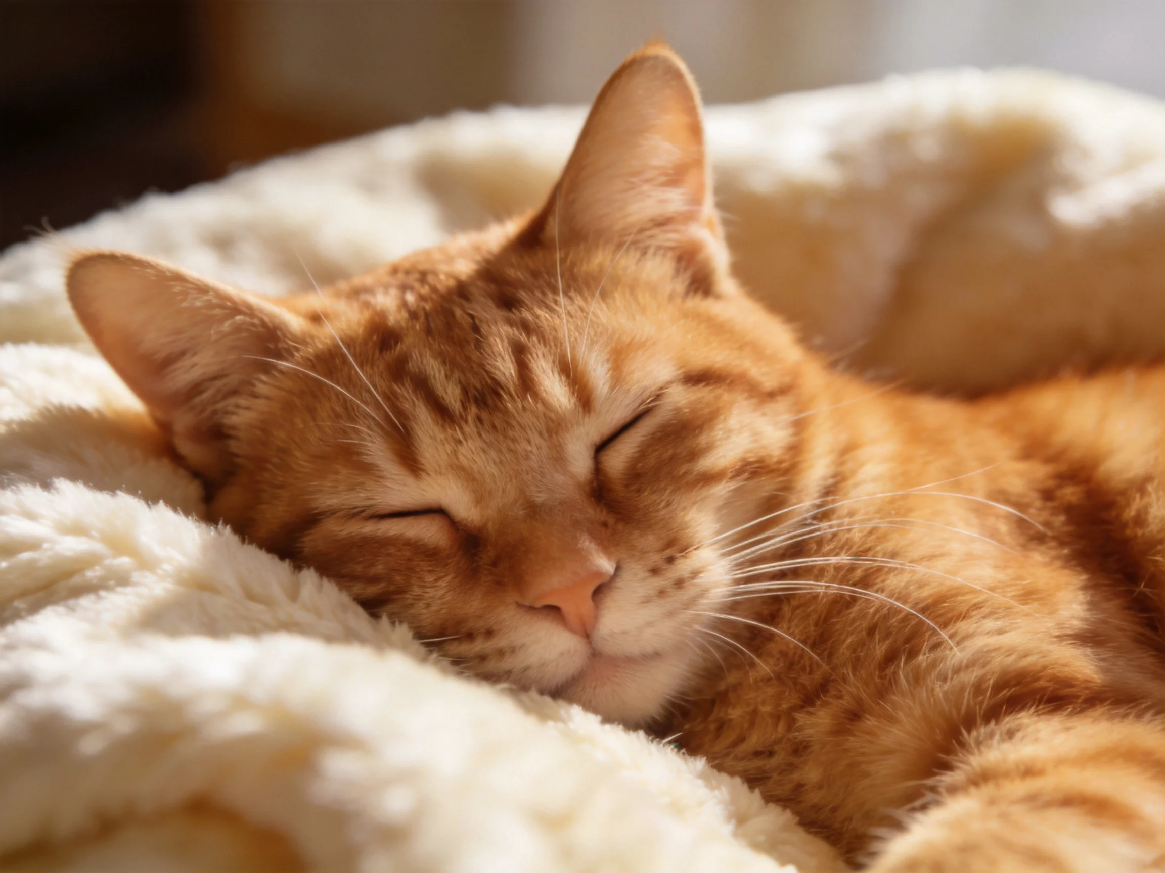 A serene orange tabby cat sleeps comfortably on a plush blanket.