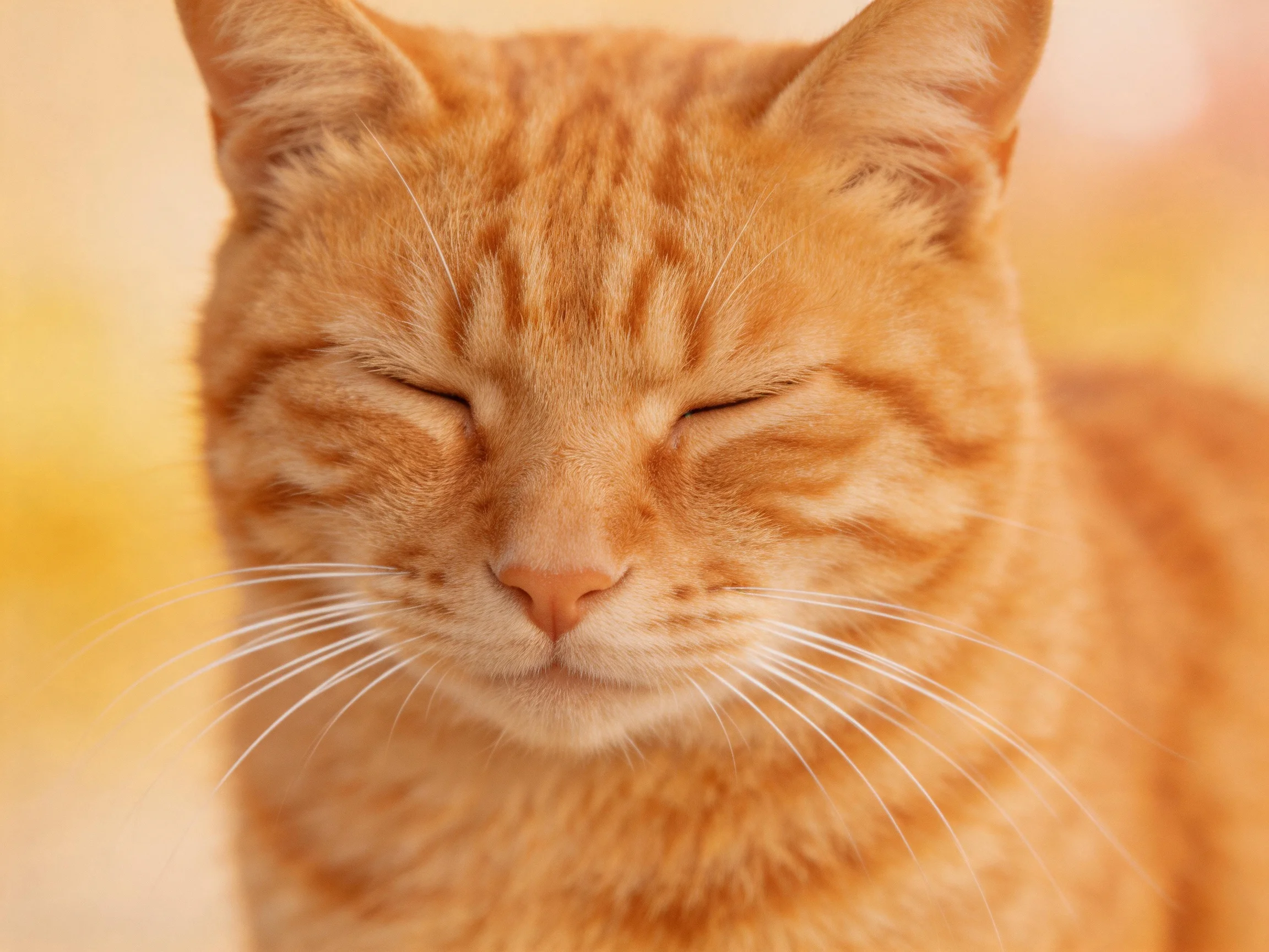 An orange tabby cat with closed eyes enjoys soft lighting.