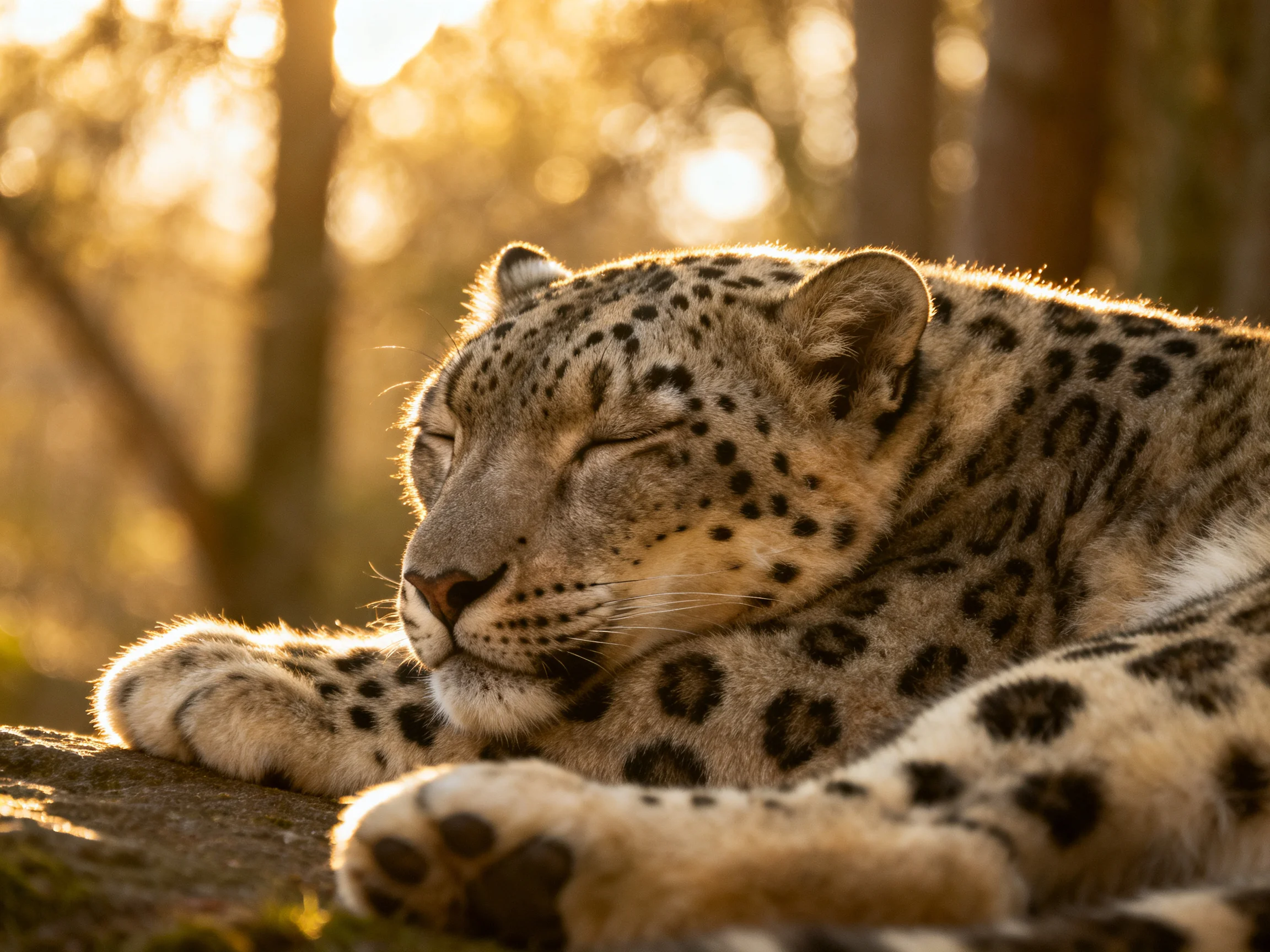 A snow leopard sleeps peacefully on a rock surrounded by sunlit trees.