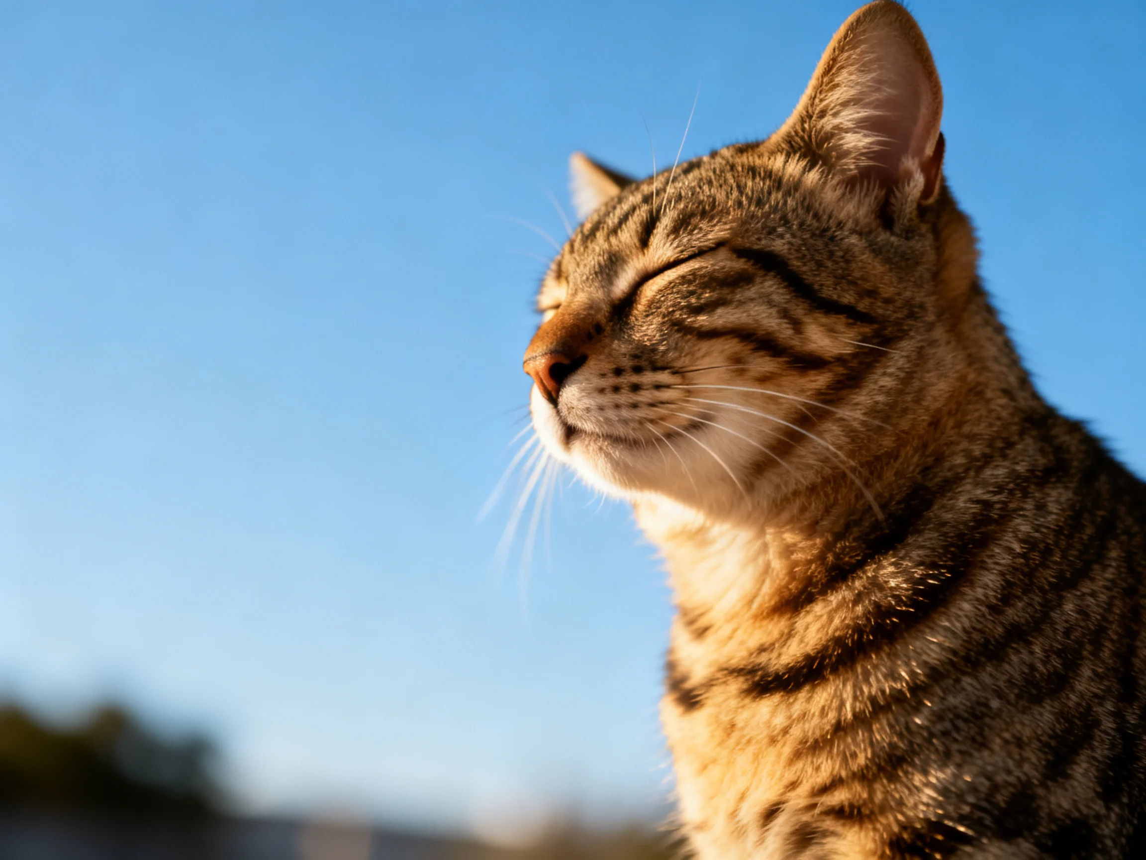 A tabby cat with closed eyes relaxes in sunlight beside a bright blue sky.