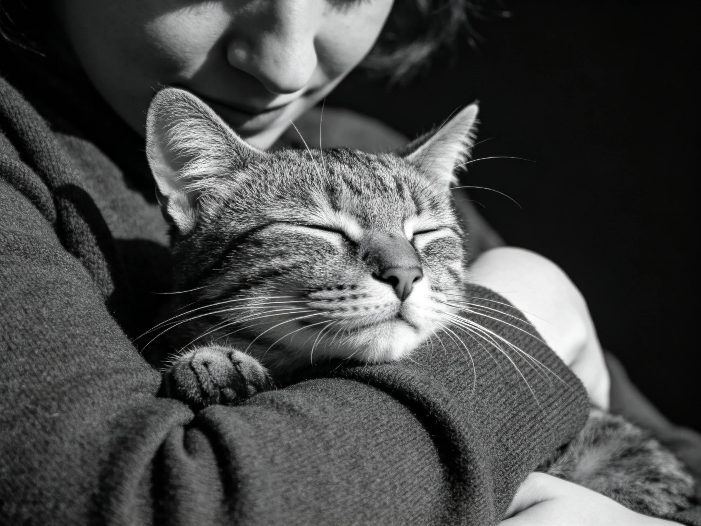A serene tabby cat resting in a person’s arms, monochrome photograph