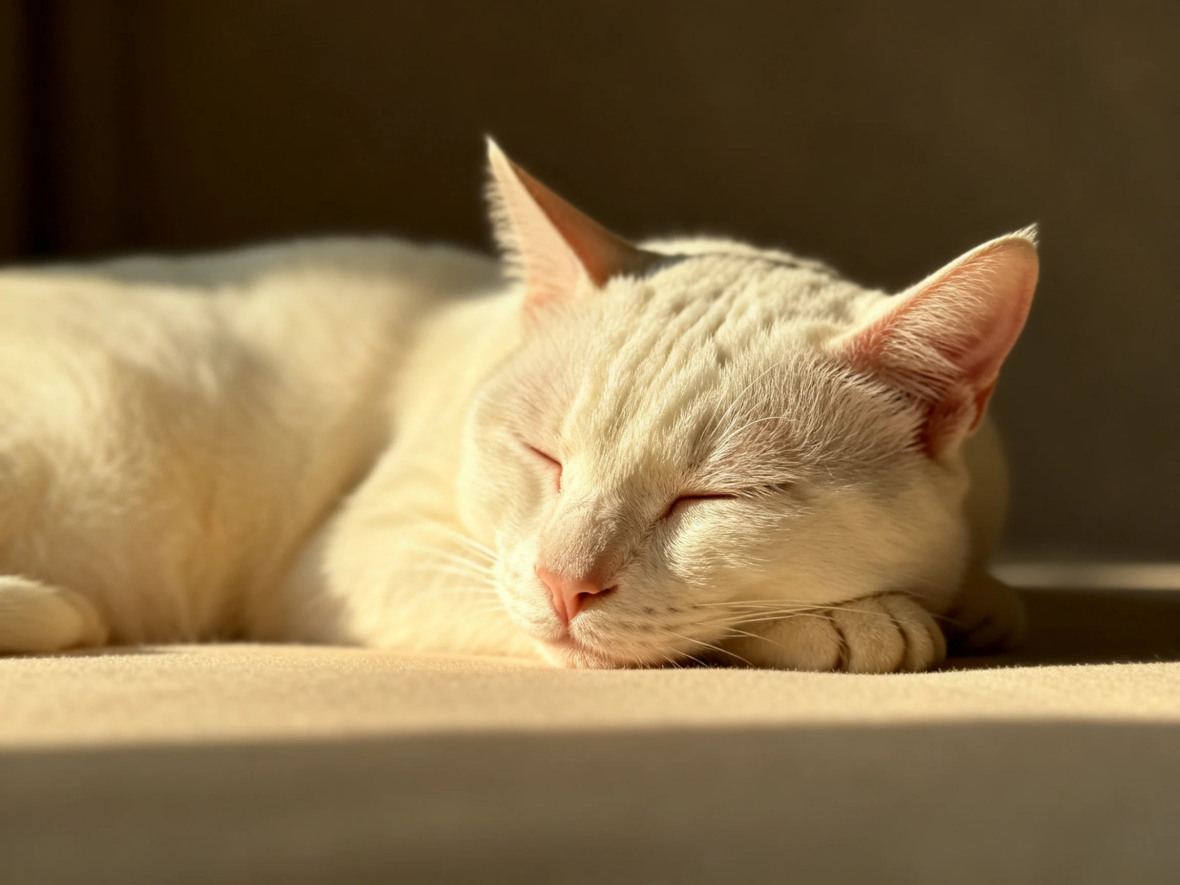 A serene white cat napping in warm golden sunlight