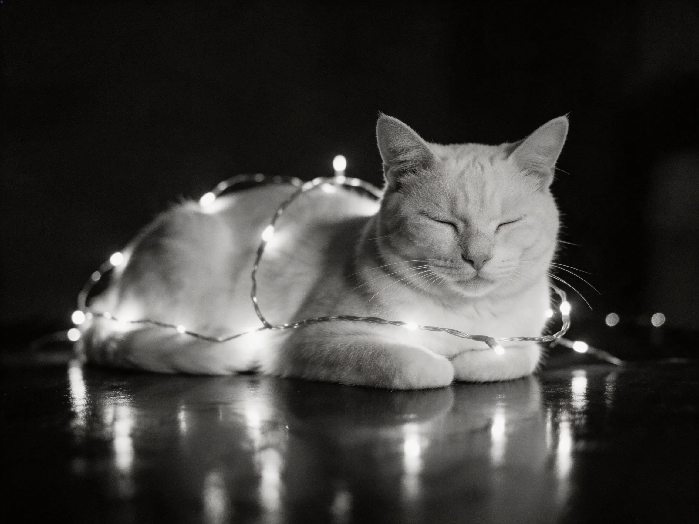 A serene white cat wrapped in glowing string lights against a dark backdrop